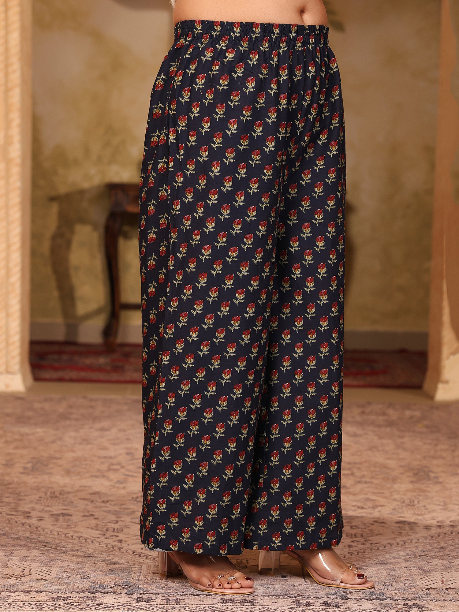 MEERA FAB Women's Cotton Blend V-Neck Plus Size Kurta Printed Kurta with Palazzo & Dupatta Set