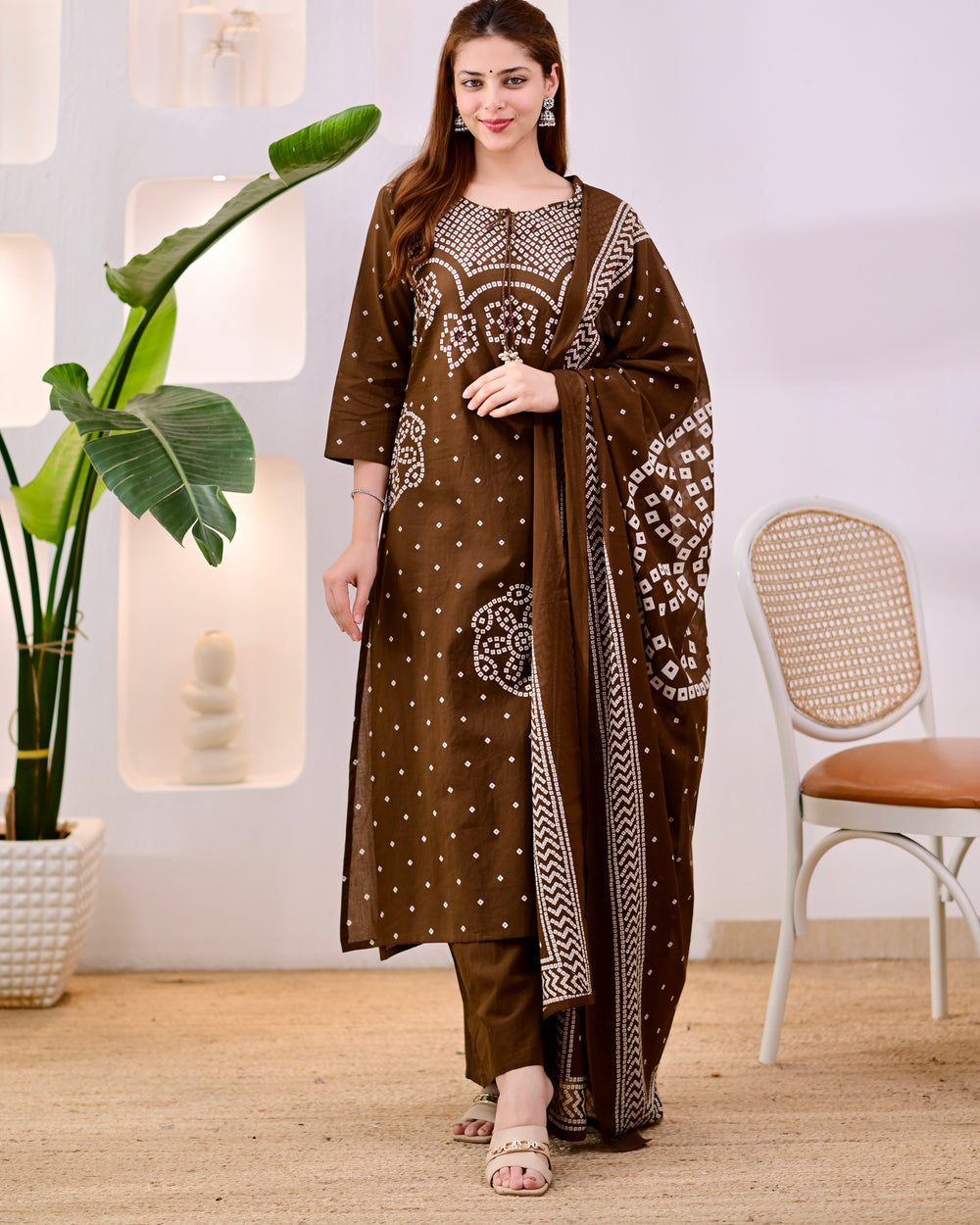 MEERA FAB Women's Pure Bandhej Cotton Straight Kurta Set with Palazzo Pants & Dupatta|Ethnic wear|Kurti Suit Set for Women