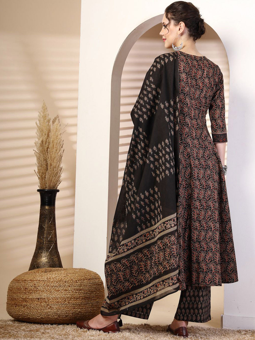 MEERA FAB Floral Printed Sequined Cotton Anarkali Kurta With Palazzos & Dupatta | Sanganeri Print