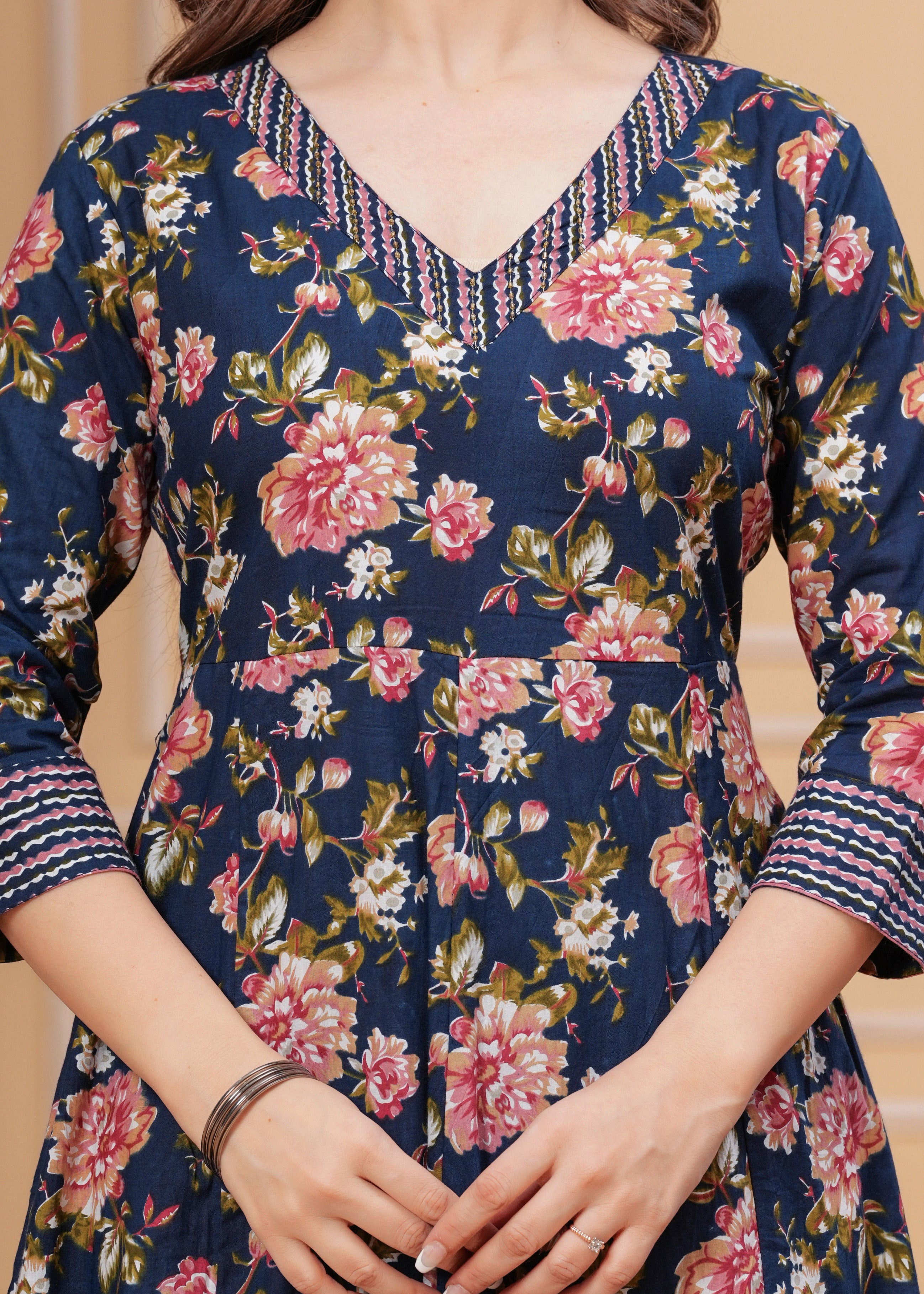 MEERA FAB Women's Pure Cotton V-Neck Anarkali Printed Kurta with Palazzo and Dupatta