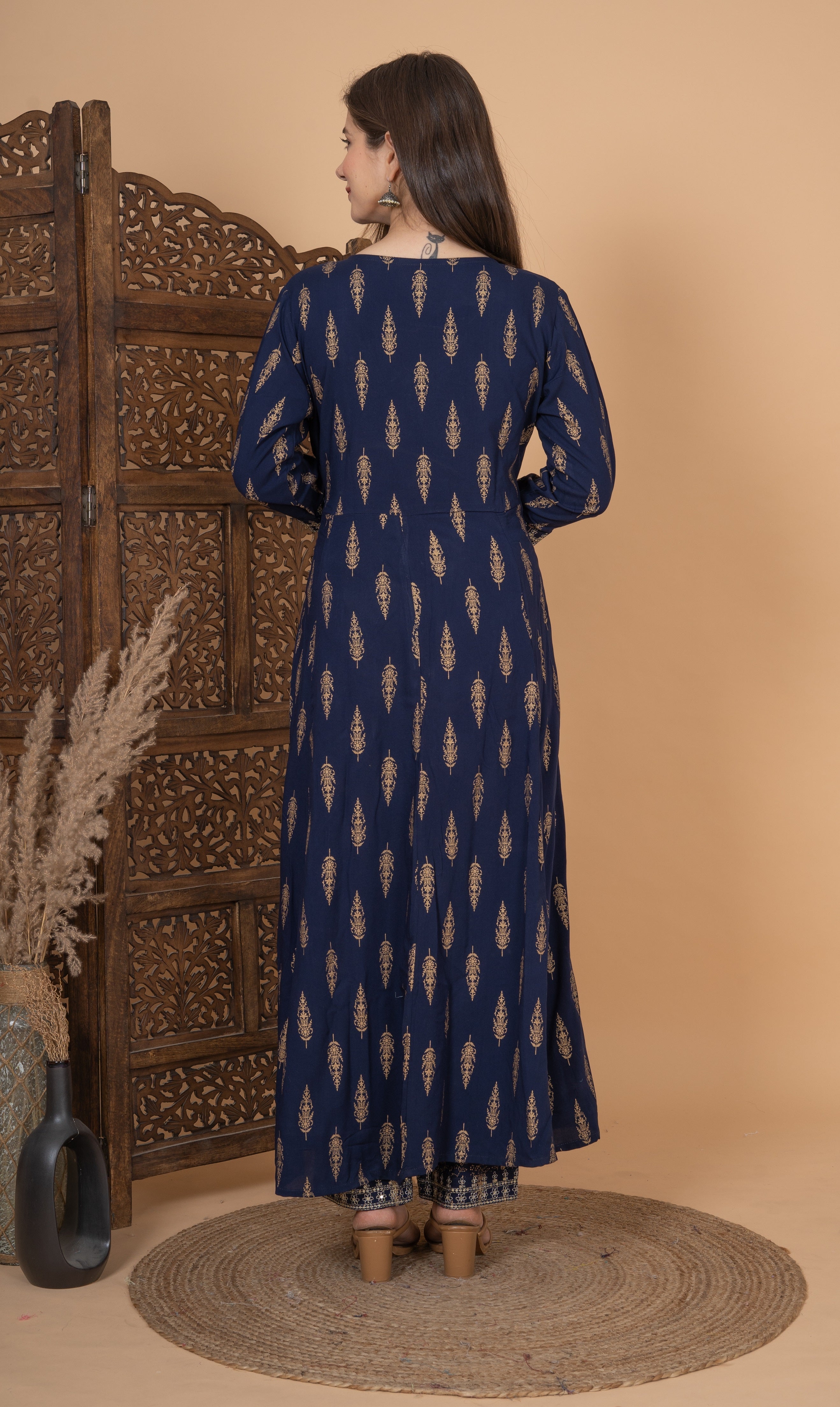 MEERA FAB Women's Rayon Printed Blue Anarkali Kurta with Palazzo & Dupatta Set