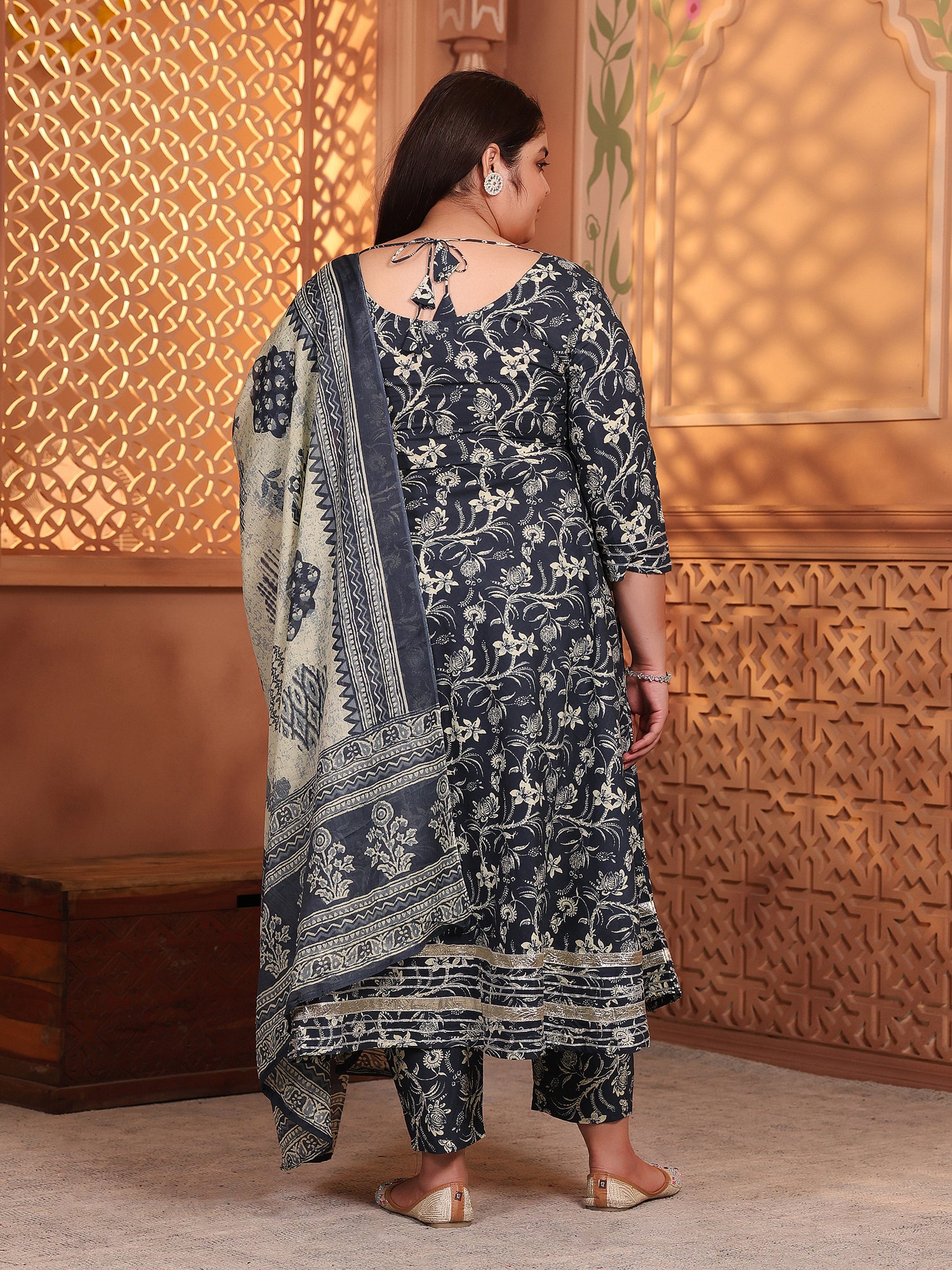 MEERA FAB Plus Size Women's Cotton Printed Anarkali Kurta with Palazzo & Dupatta Set with Dori
