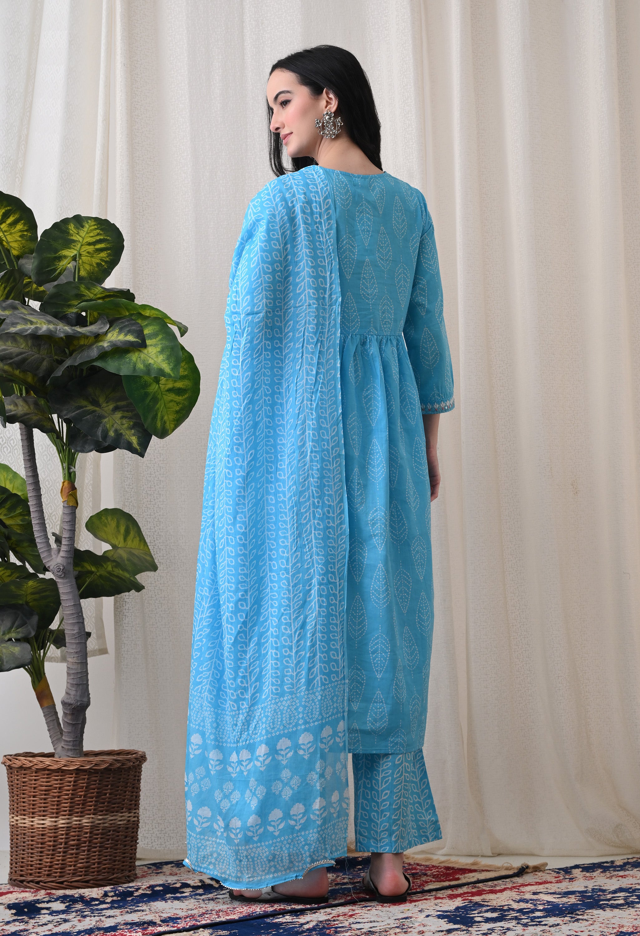 MEERA FAB Alia Cut Kurta Palazzo and Dupatta Set,Pure Cotton, with Embroidery, Block Print