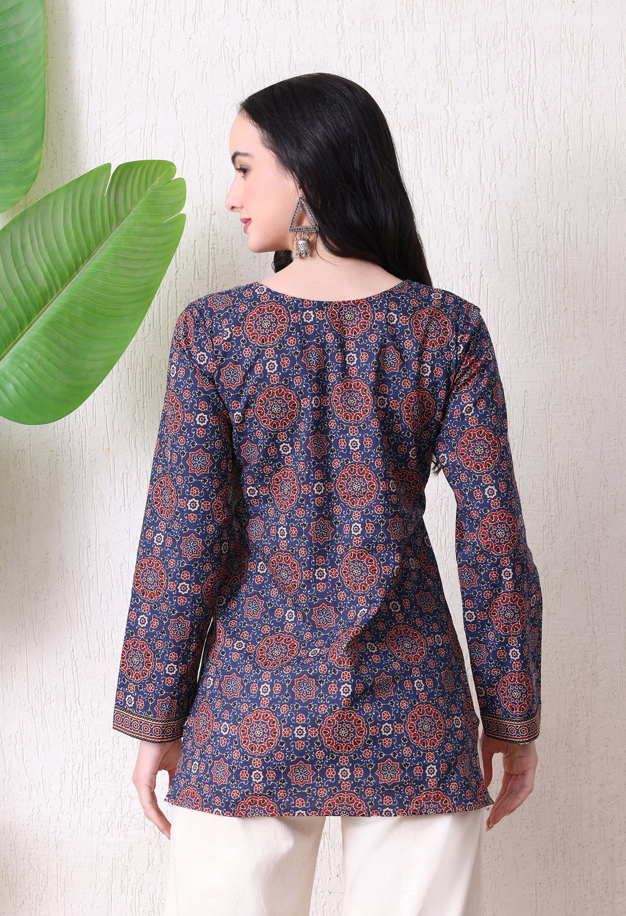 MEERA FAB Women's Floral Printed Cotton Short Top | Ikkat Printed Top Cut Sleeves | Short Kurti for Women