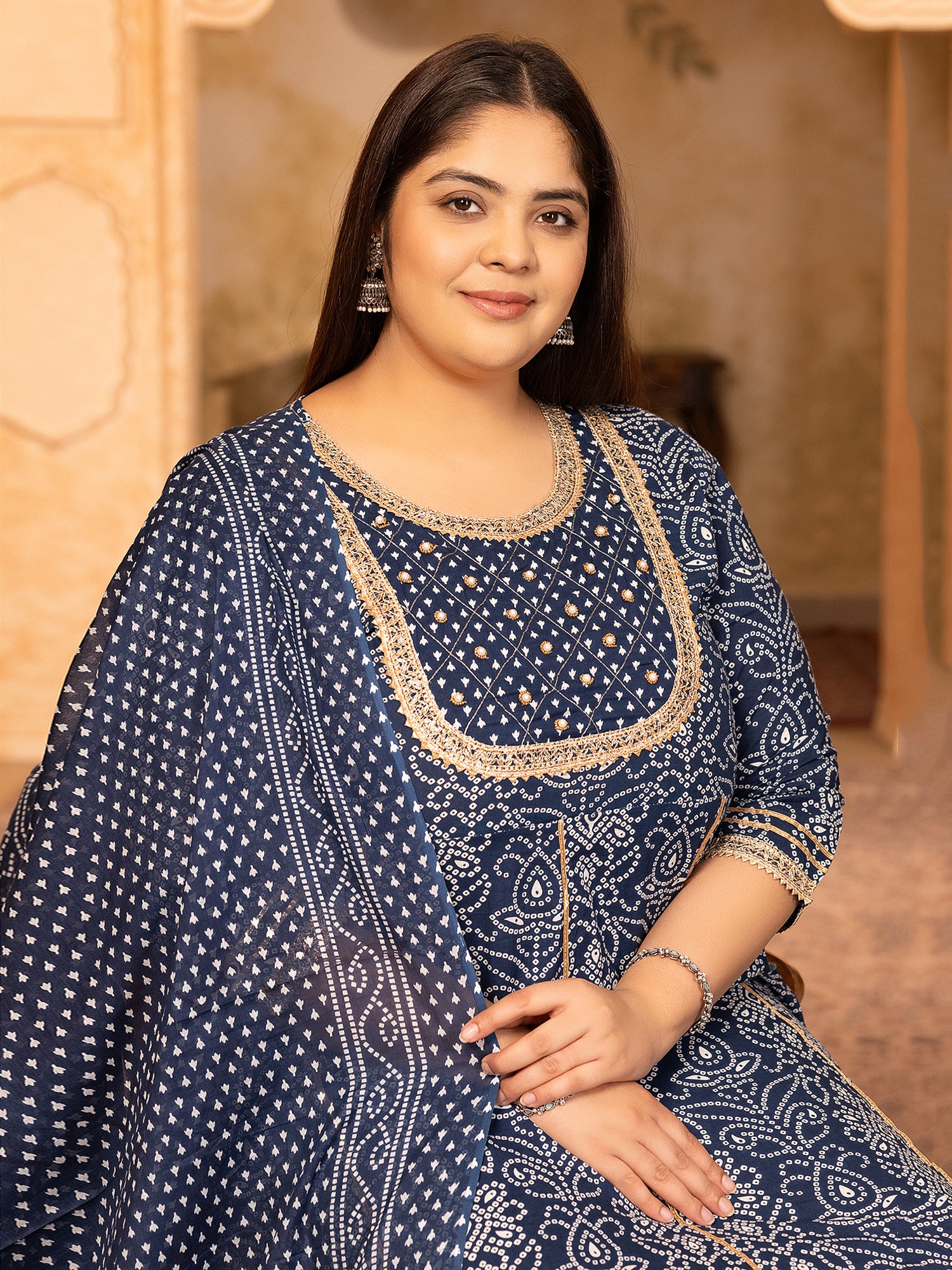MEERA FAB Plus Size Printed Pure Cotton Anarkali Handwork Kurta with Palazzos & Dupatta
