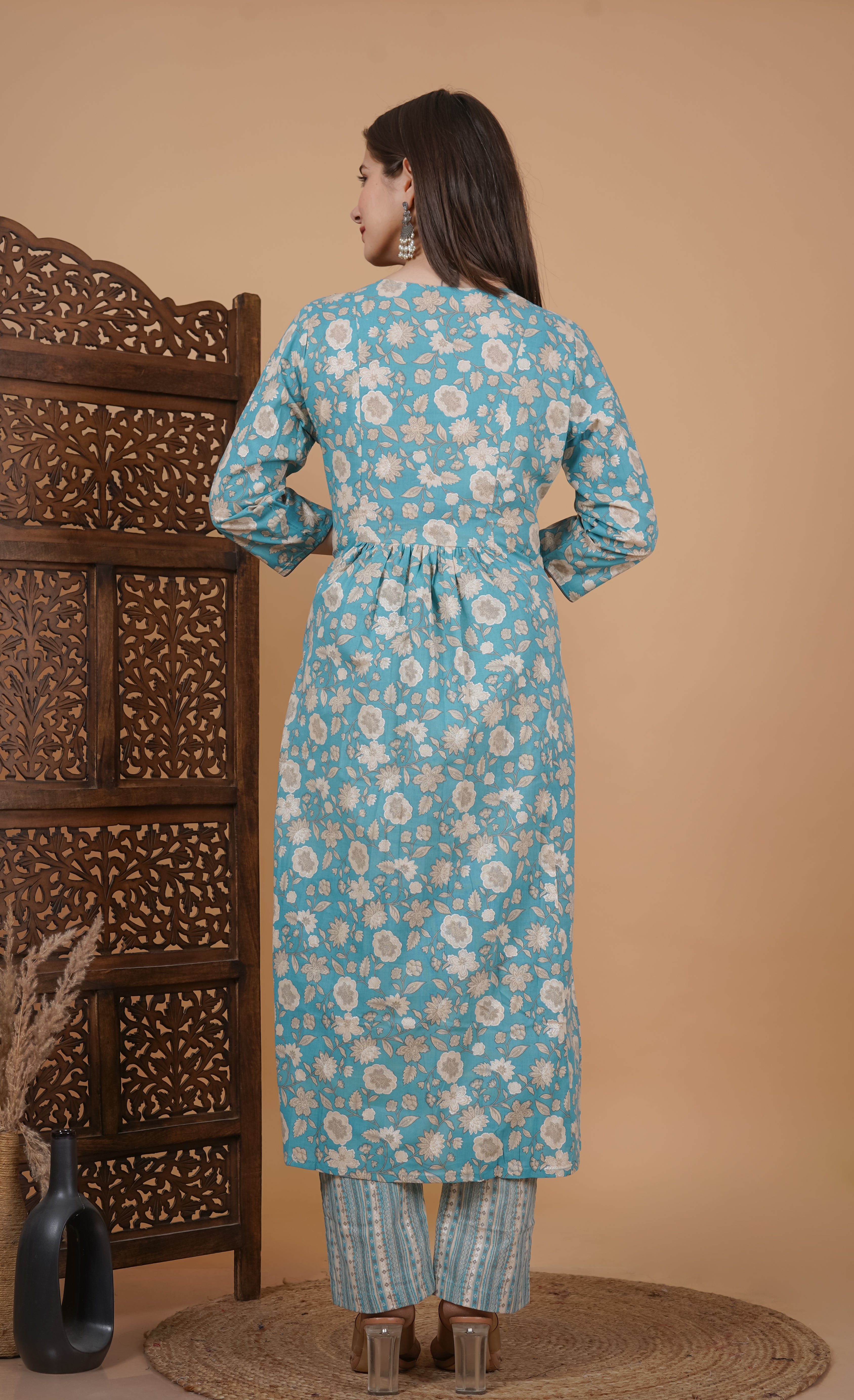 MEERA FAB Women's Cotton Printed Anarkali Kurta With Palazzo & Dupatta Set With Handwork