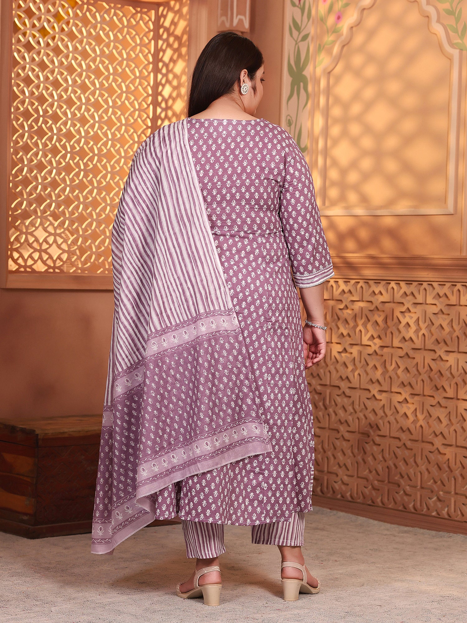 MEERA FAB Women's Pure Cotton Printed Anarkali Handwork Kurta with Palazzos & Dupatta