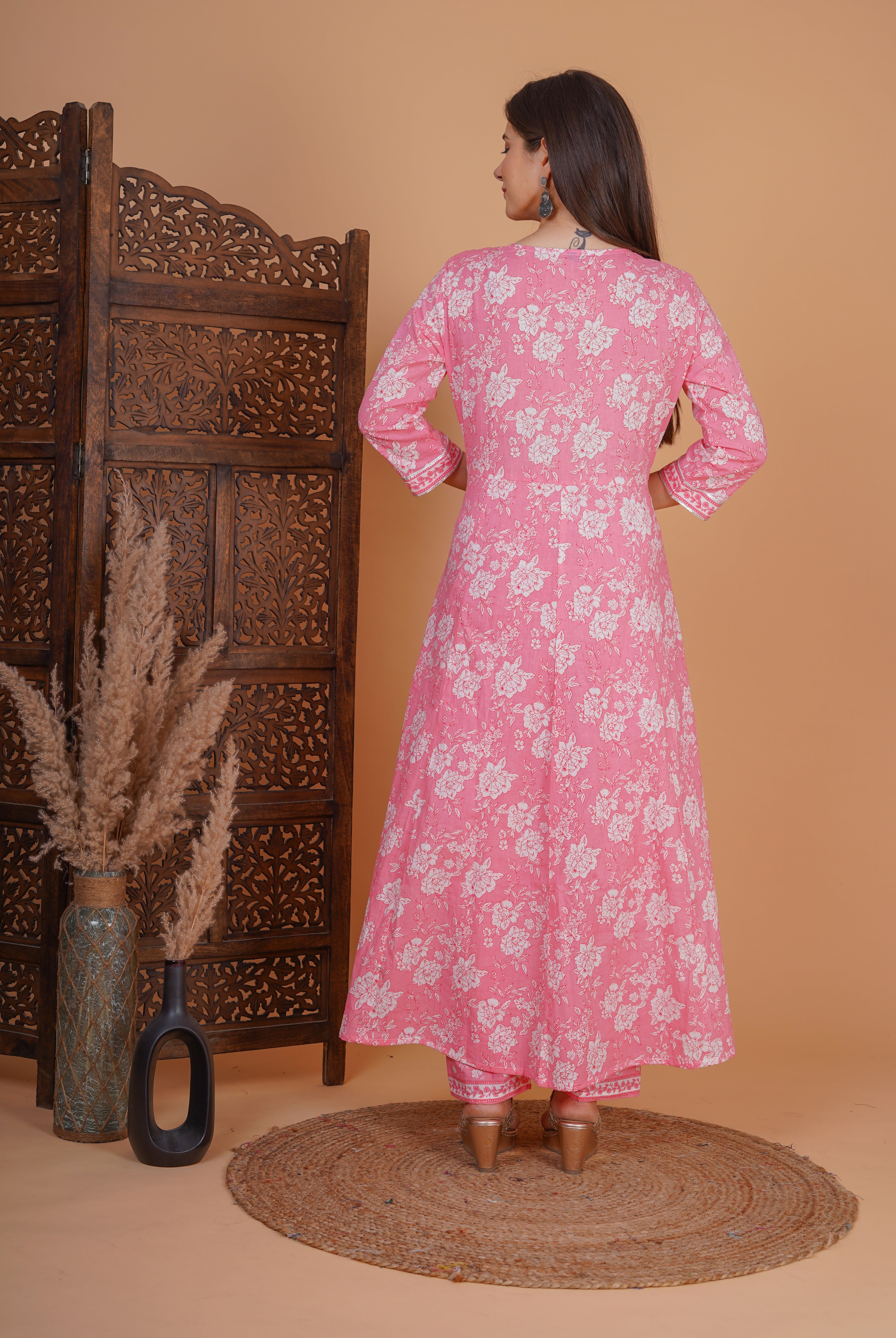 MEERA FAB Women's Cotton Printed Embrodriery Anarkali Kurta With Palazzo & Dupatta Set