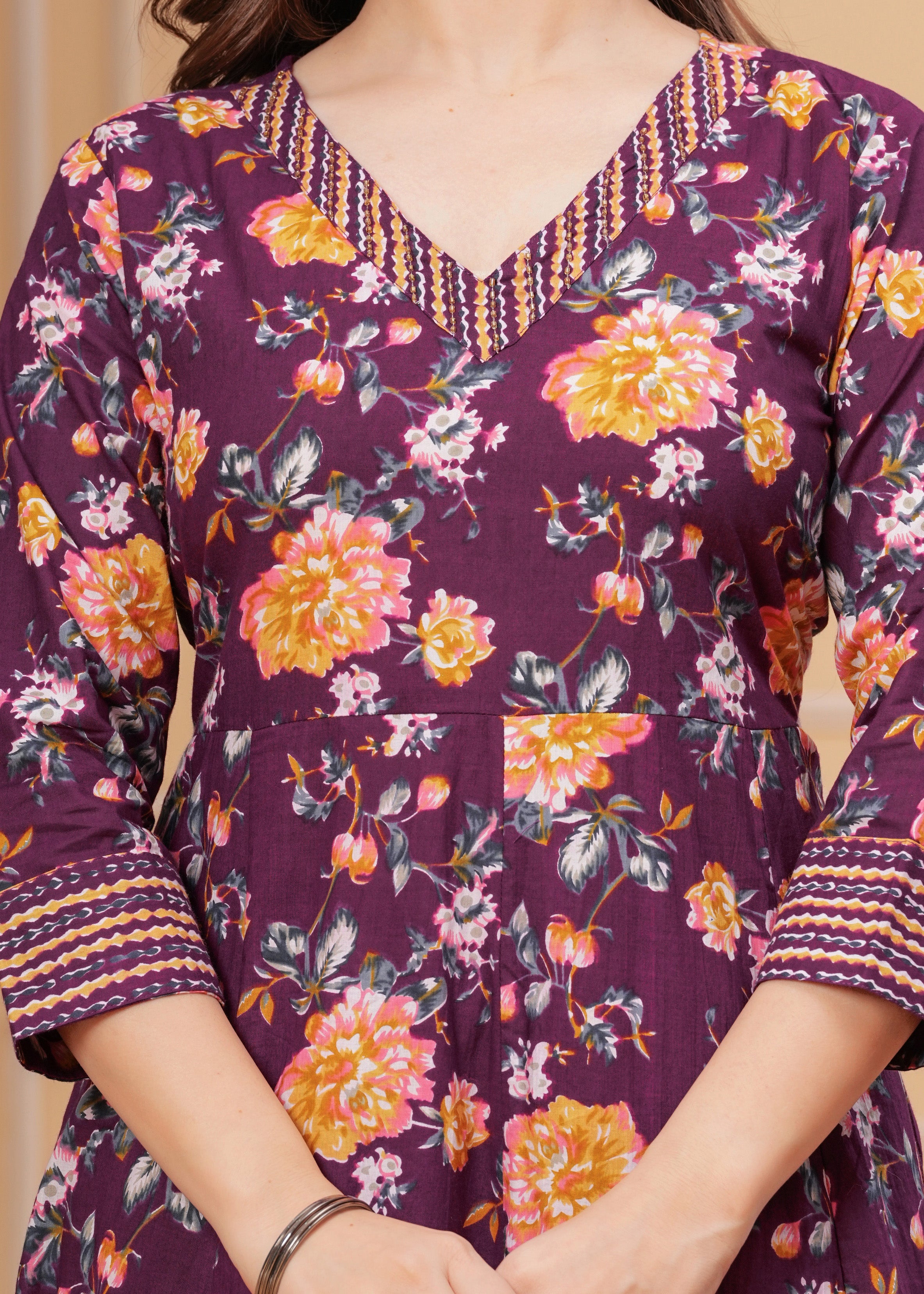 MEERA FAB Women's Pure Cotton V-Neck Anarkali Printed Kurta with Palazzo and Dupatta