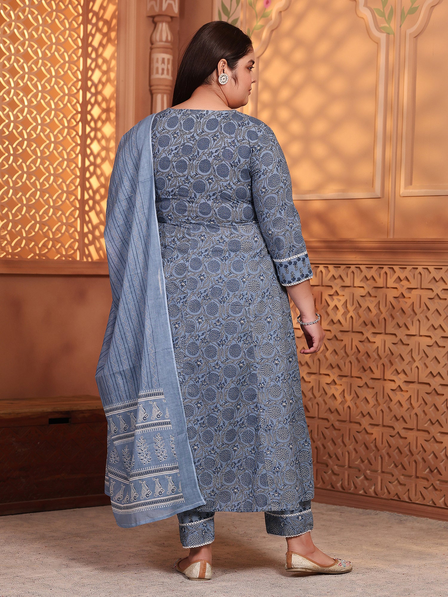 MEERA FAB Women's Pure Cotton Printed Anarkali Handwork Kurta with Palazzos & Dupatta