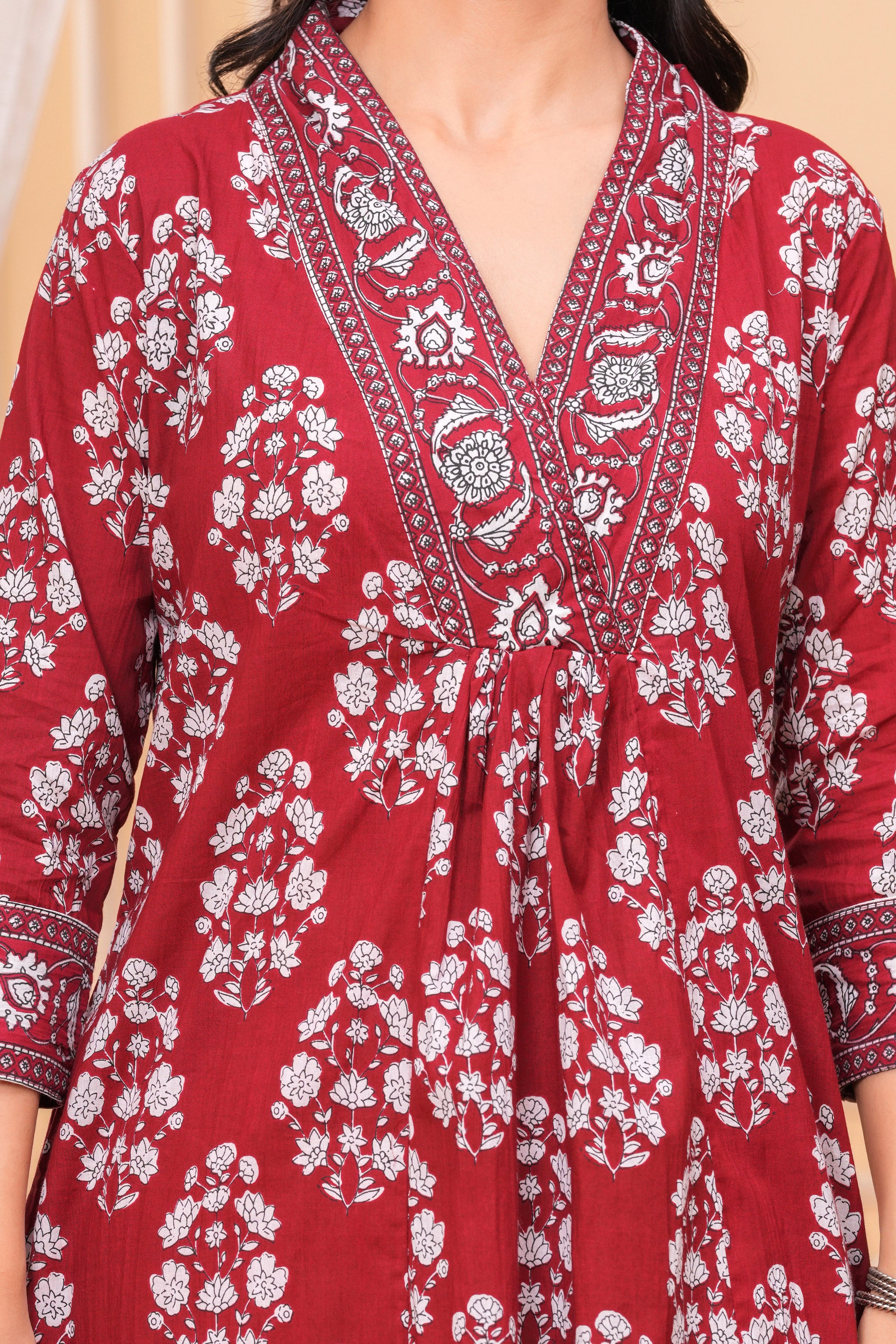 MEERA FAB Women's Pure Cotton V-Neck Border Anarkali Printed Kurta with Palazzo and Dupatta