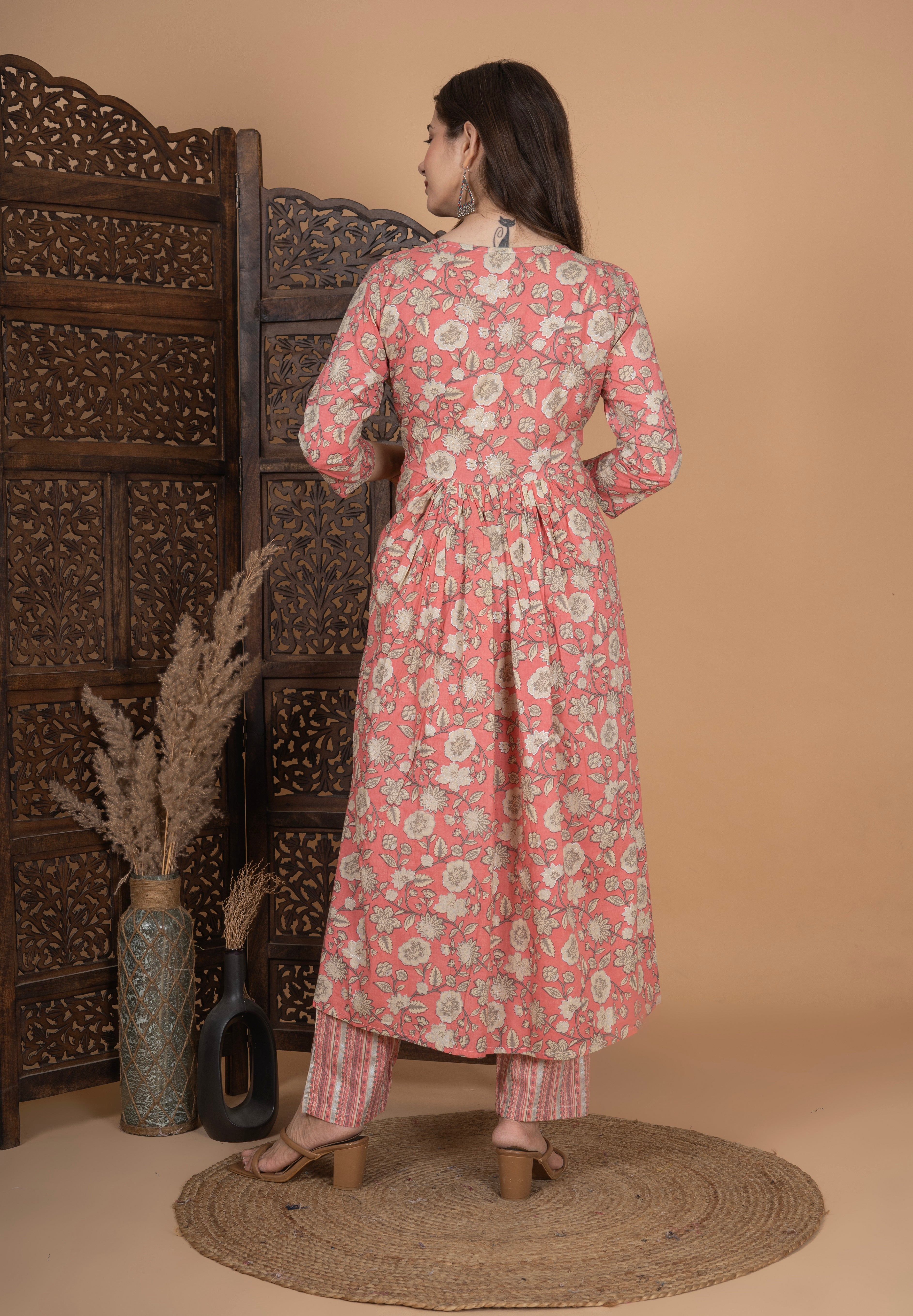 MEERA FAB Women's Cotton Printed Anarkali Kurta With Palazzo & Dupatta Set With Handwork