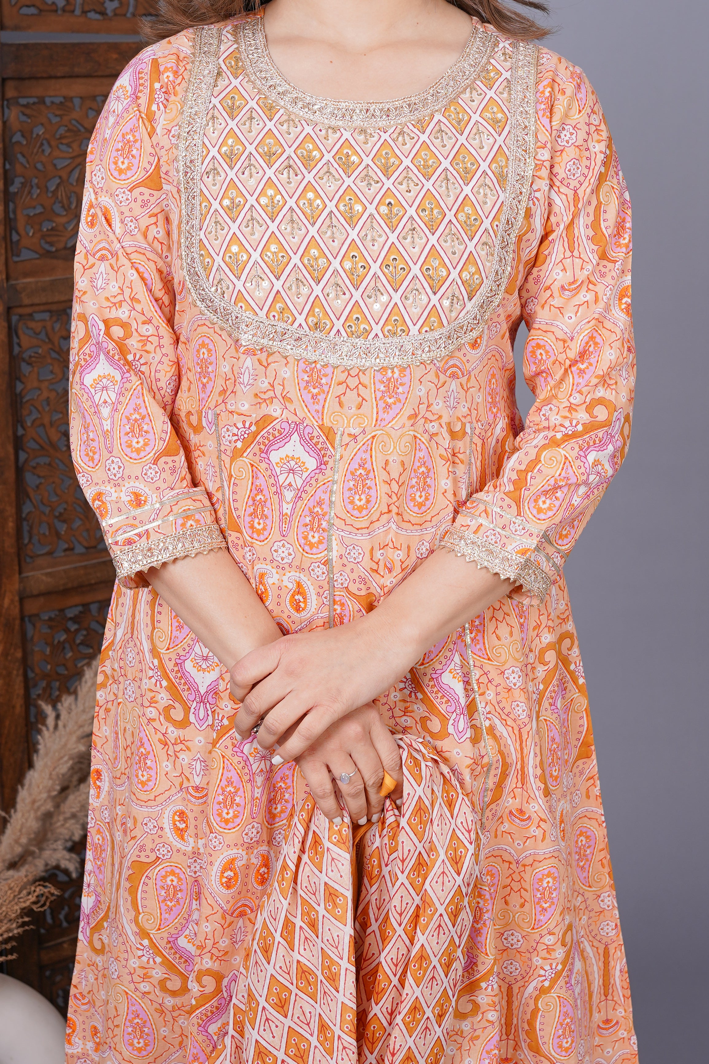 MEERA FAB Women's Cotton Printed Anarkali Kurta With Palazzo & Dupatta Set With Handwork