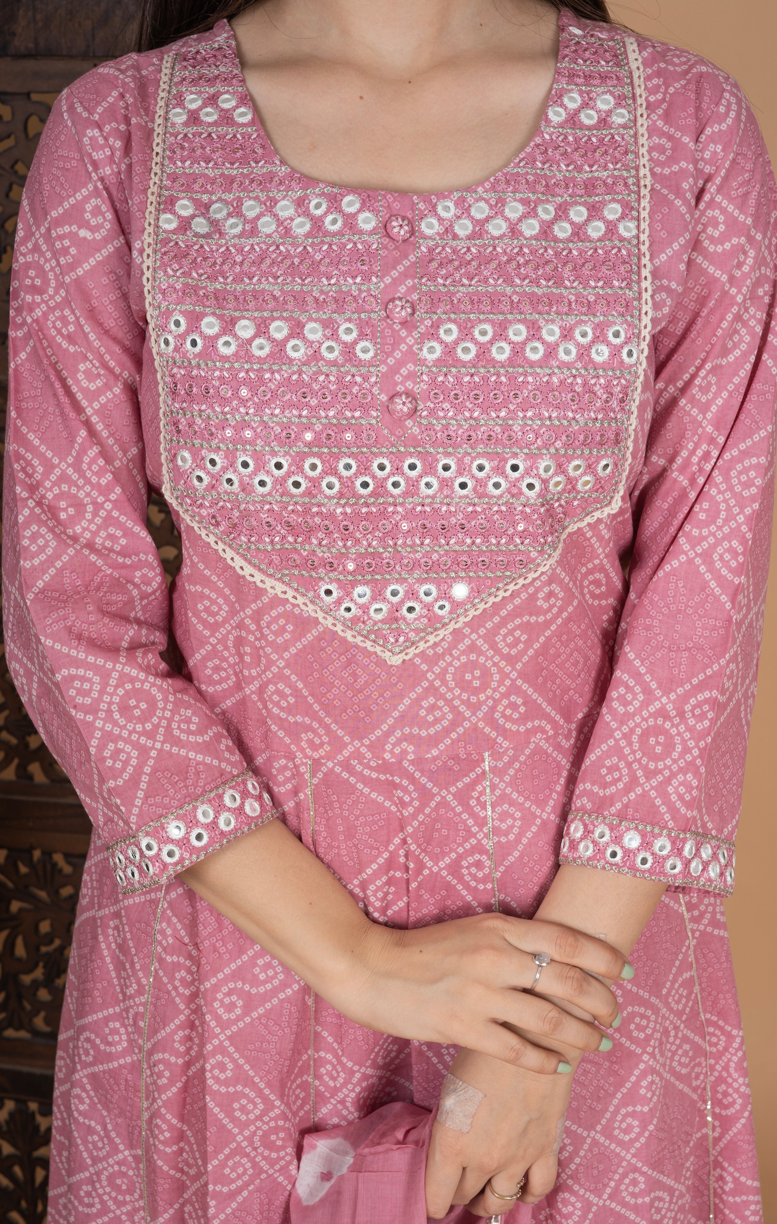 MEERA FAB Women's Cotton Printed Pink Anarkali Kurta with Palazzo & Dupatta Set