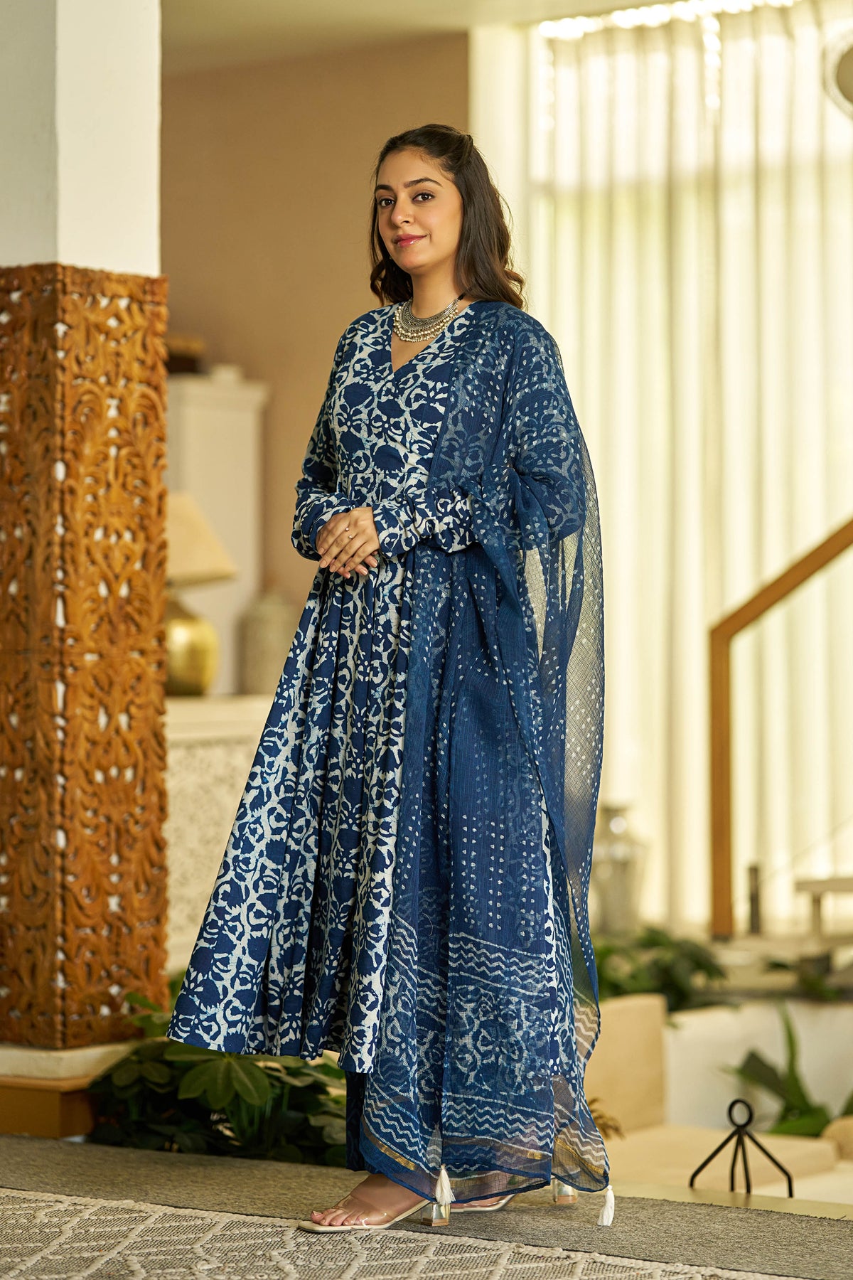 MEERA FAB Women Blue Printed Regular Pure Cotton Anarkali Kurta with Palazzos & with Dupatta