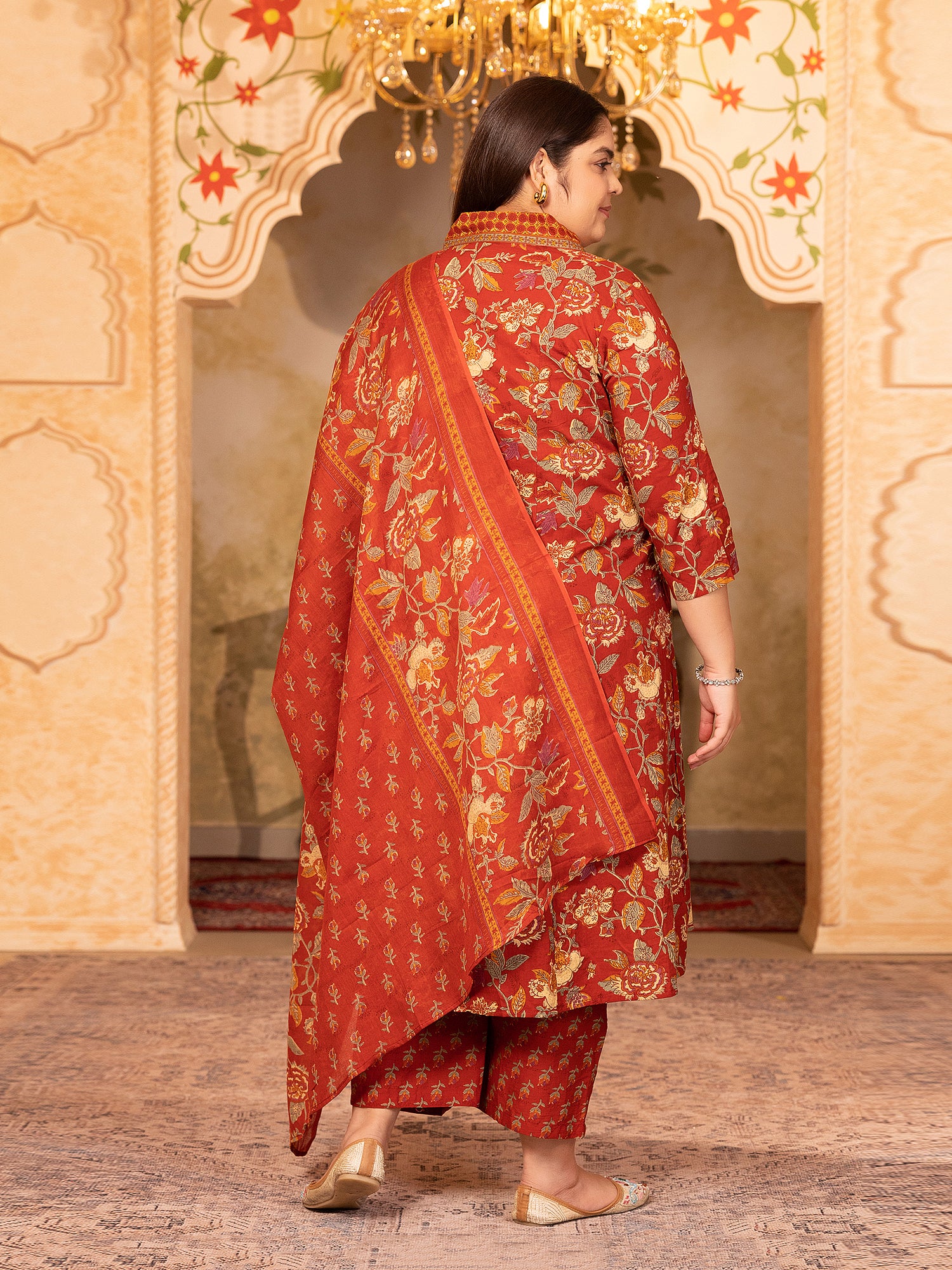 MEERA FAB Women's Cotton Blend V-Neck Plus Size Kurta Printed Kurta with Palazzo & Dupatta Set