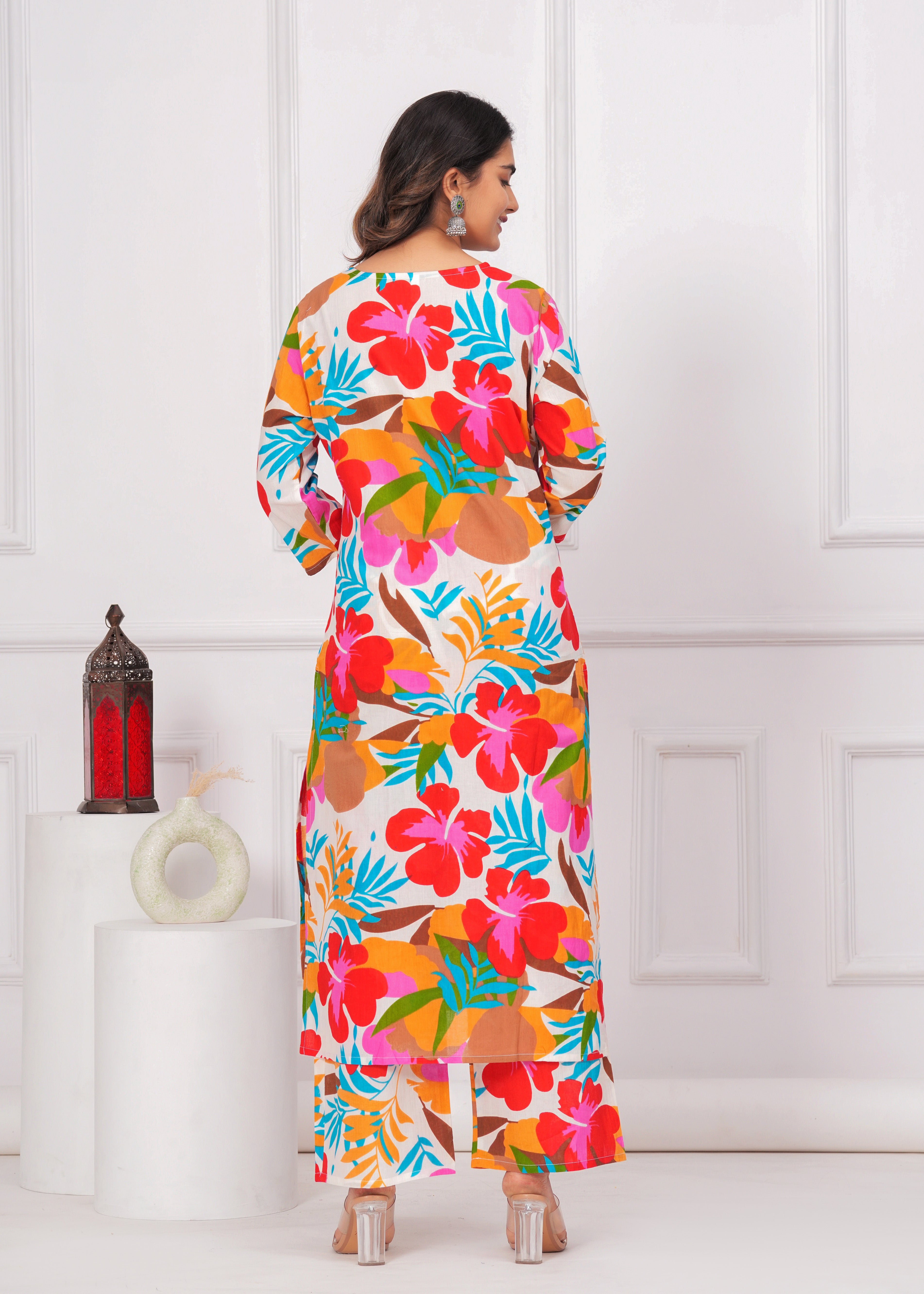 MEERA FAB Women's Cotton Blend Straight Printed Kurta with Palazzo