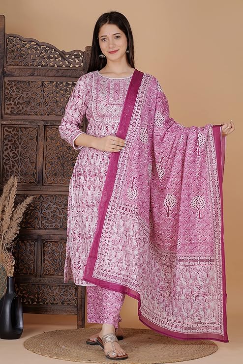 MEERA FAB Women's Cotton Printed Straight Embroidery Kurta with Palazzo & Dupatta Set