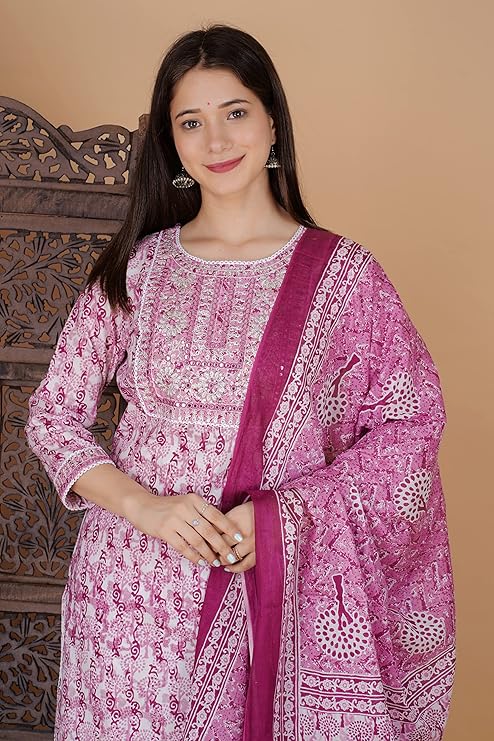 MEERA FAB Women's Cotton Printed Straight Embroidery Kurta with Palazzo & Dupatta Set