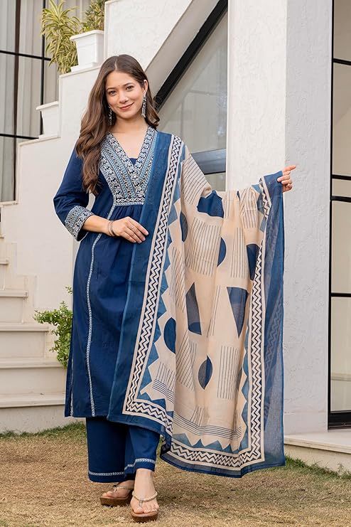MEERA FAB Women Floral Printed Pure Cotton Straignt V-Neck Kurta with Trousers & Dupatta