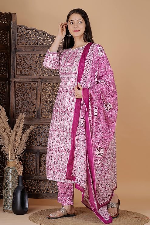 MEERA FAB Women's Cotton Printed Straight Embroidery Kurta with Palazzo & Dupatta Set