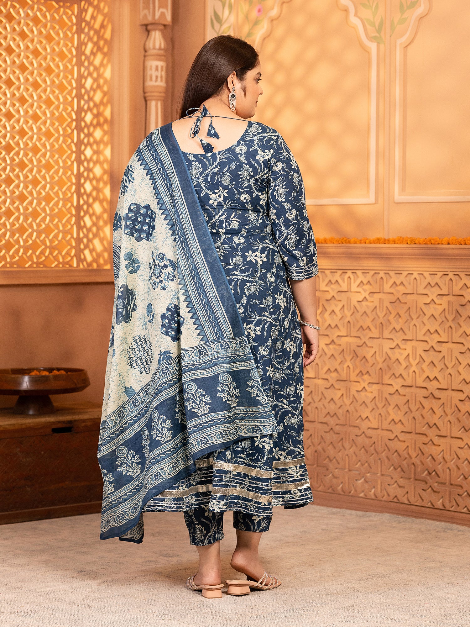 MEERA FAB Plus Size Women's Cotton Printed Anarkali Kurta with Palazzo & Dupatta Set with Dori