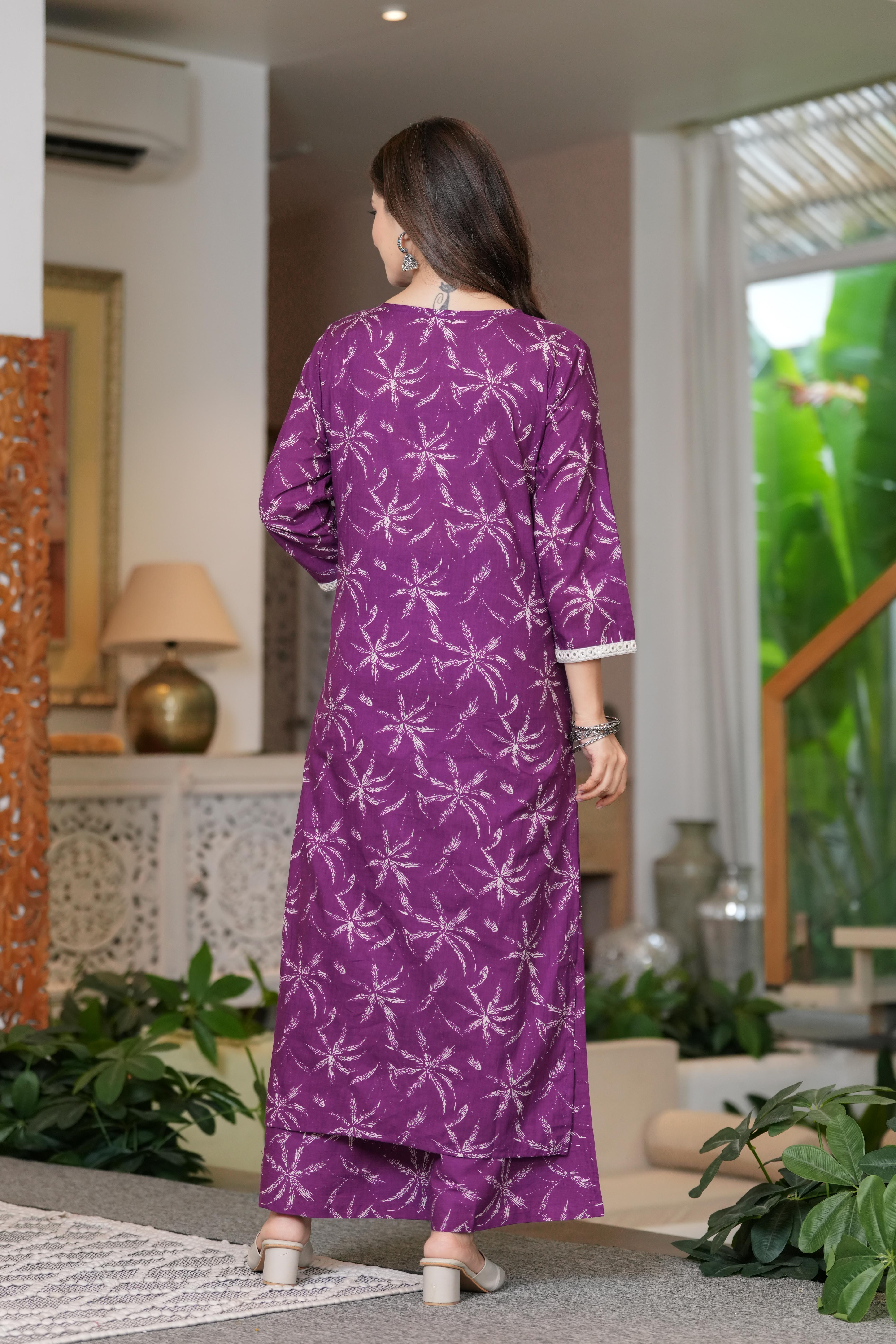 MEERA FAB Women Cotton Printed V-Neck Lace Kurta Palazzo Set