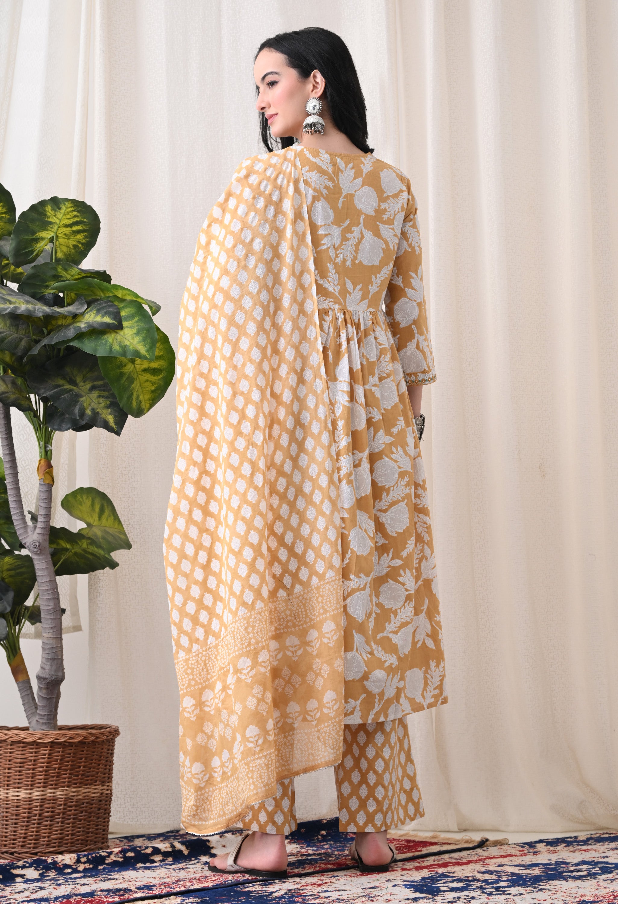 MEERA FAB Alia Cut Kurta Palazzo and Dupatta Set,Pure Cotton, with Embroidery, Block Print