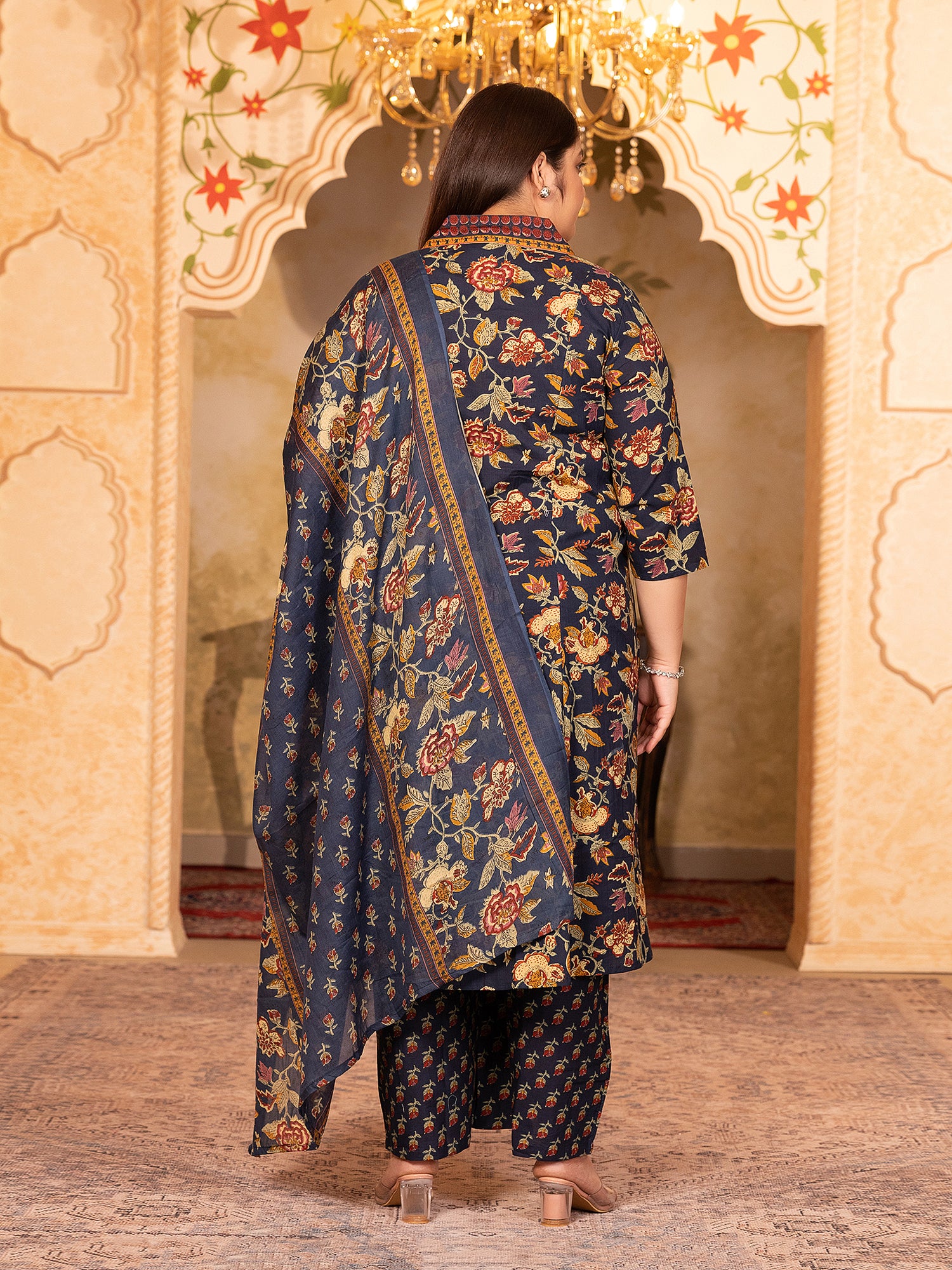 MEERA FAB Women's Cotton Blend V-Neck Plus Size Kurta Printed Kurta with Palazzo & Dupatta Set