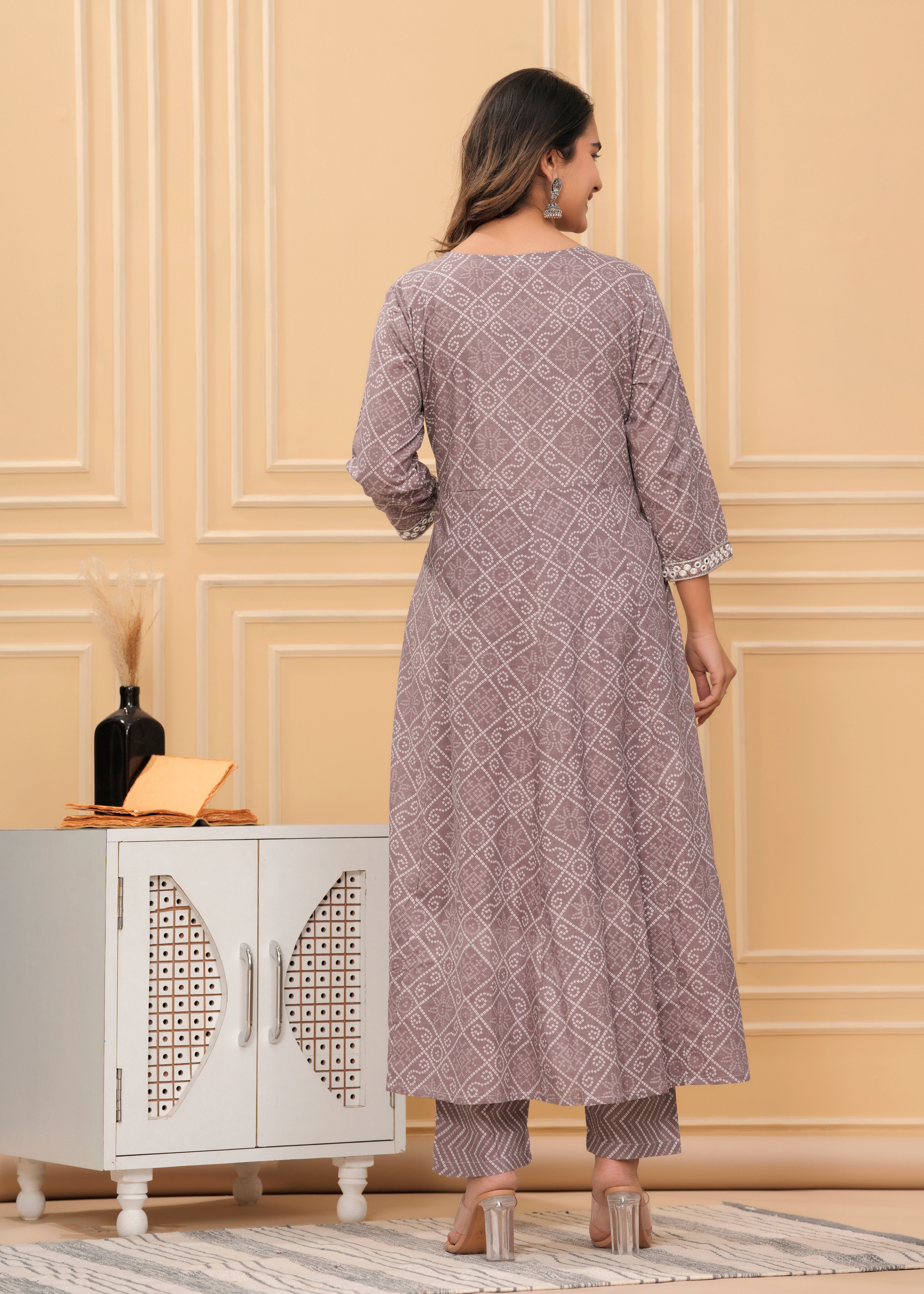 MEERA FAB Women's Cotton Printed Pink Anarkali Kurta with Palazzo & Dupatta Set