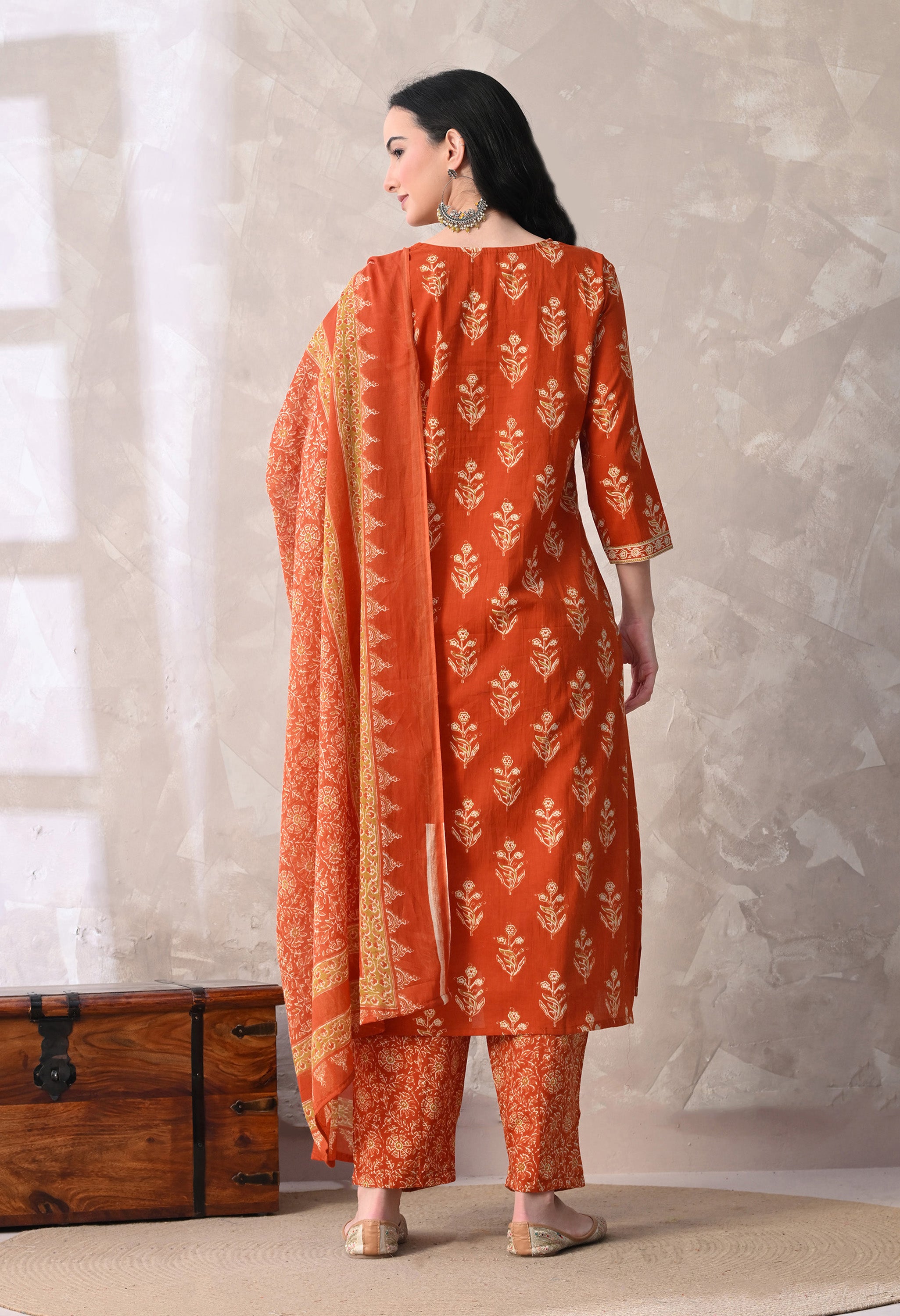 MEERA FAB Women Floral Printed Sequined Cotton Straight Kurta With Palazzos & Dupatta | Sanganeri Print