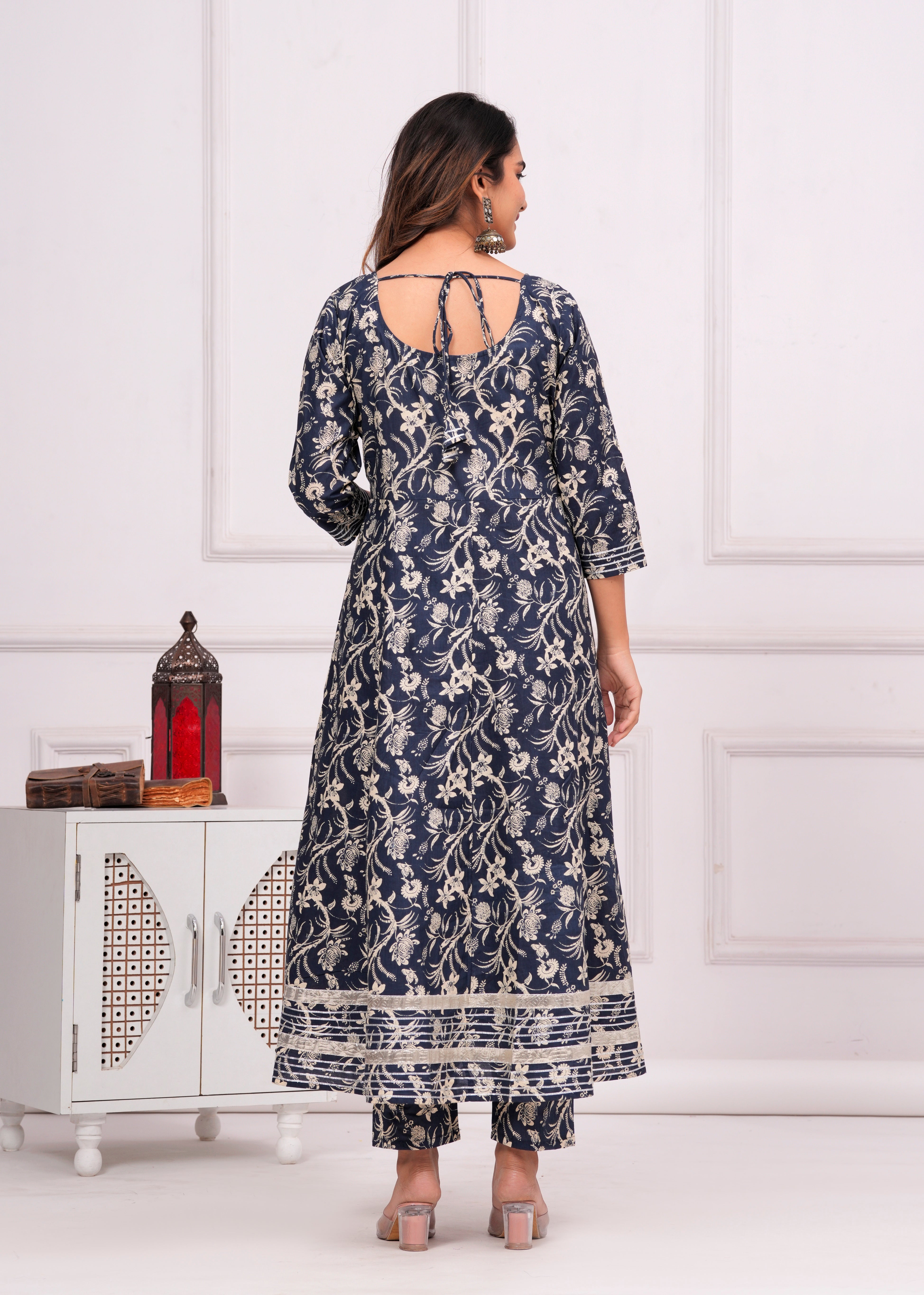 MEERA FAB Women's Cotton Printed Anarkali Kurta with Palazzo & Dupatta Set with Dori