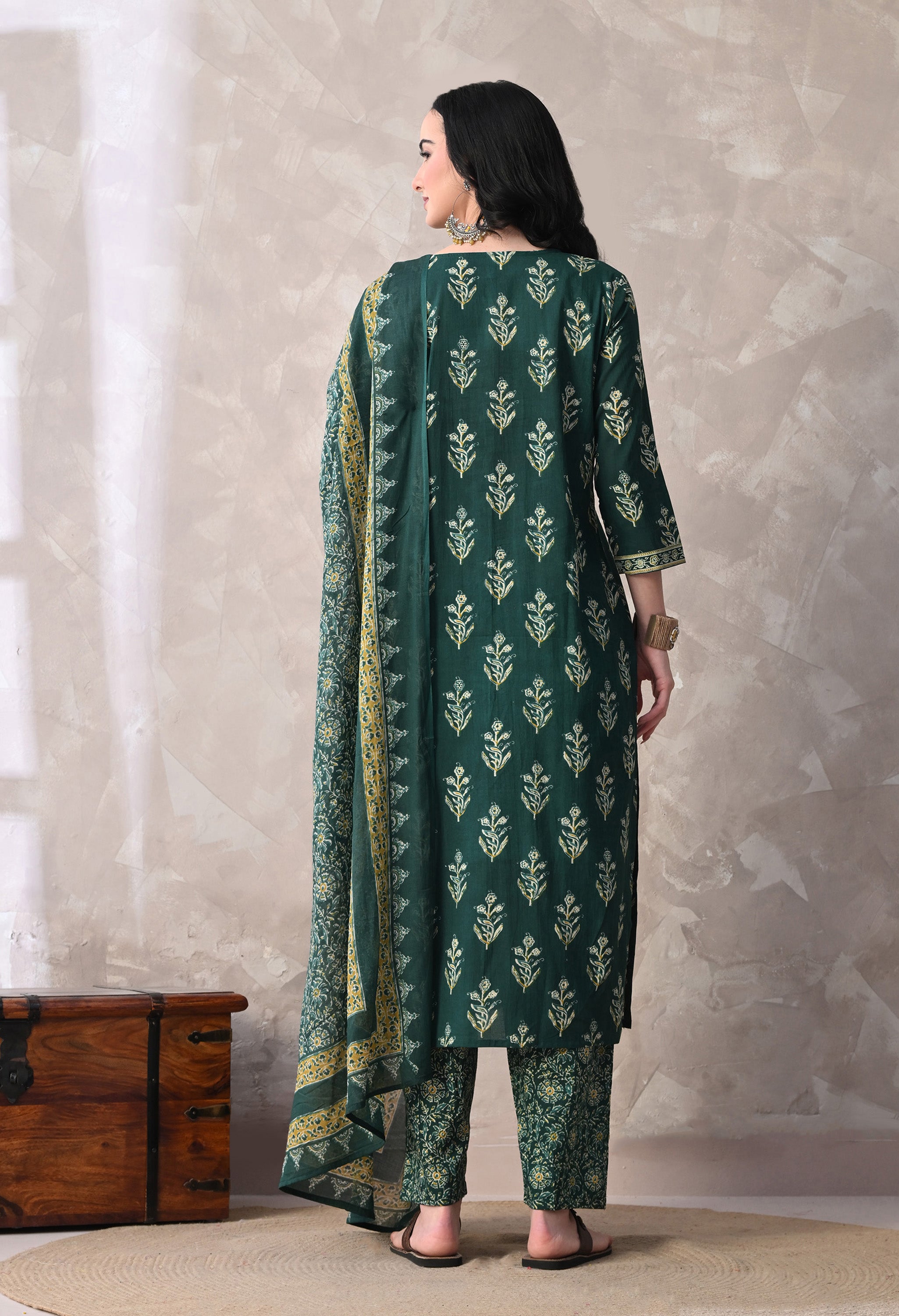 MEERA FAB Women Floral Printed Sequined Cotton Straight Kurta With Palazzos & Dupatta | Sanganeri Print