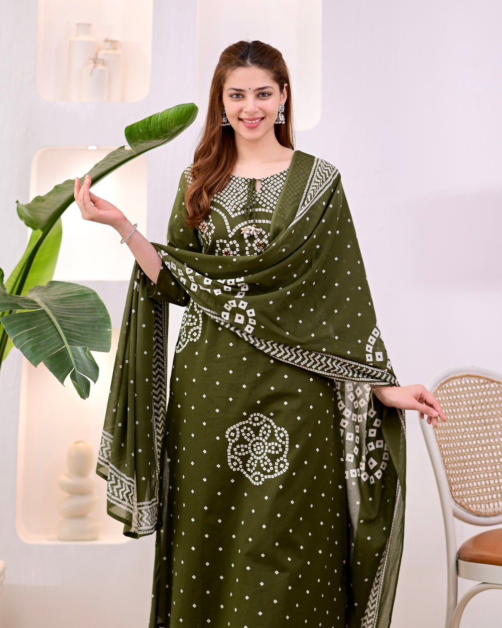 MEERA FAB Women's Pure Bandhej Cotton Straight Kurta Set with Palazzo Pants & Dupatta|Ethnic wear|Kurti Suit Set for Women