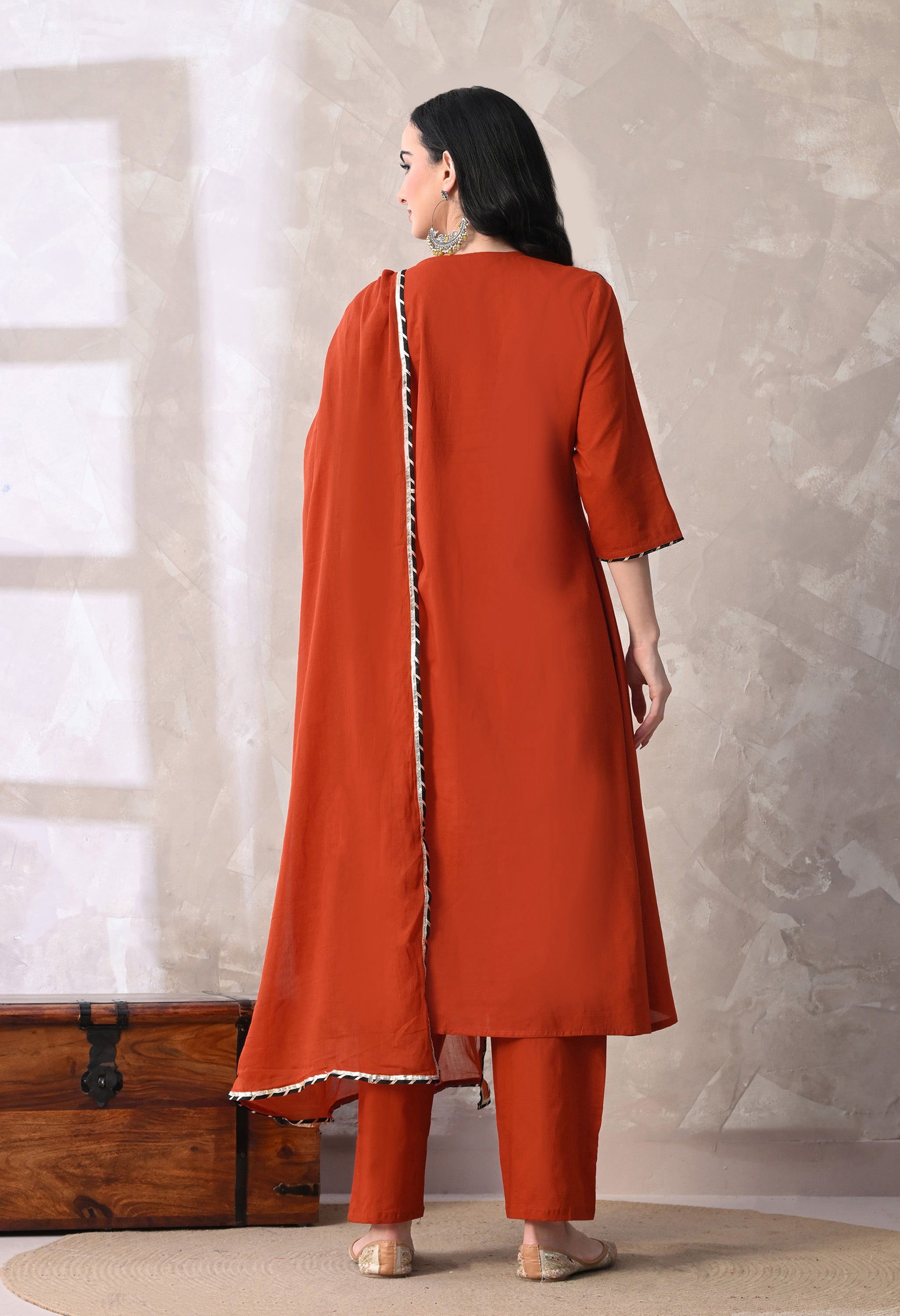 MEERA FAB Women's Cotton Anarkali Kurta with Palazzo and Dupatta, Embroidered Yoke, 3-Piece Set