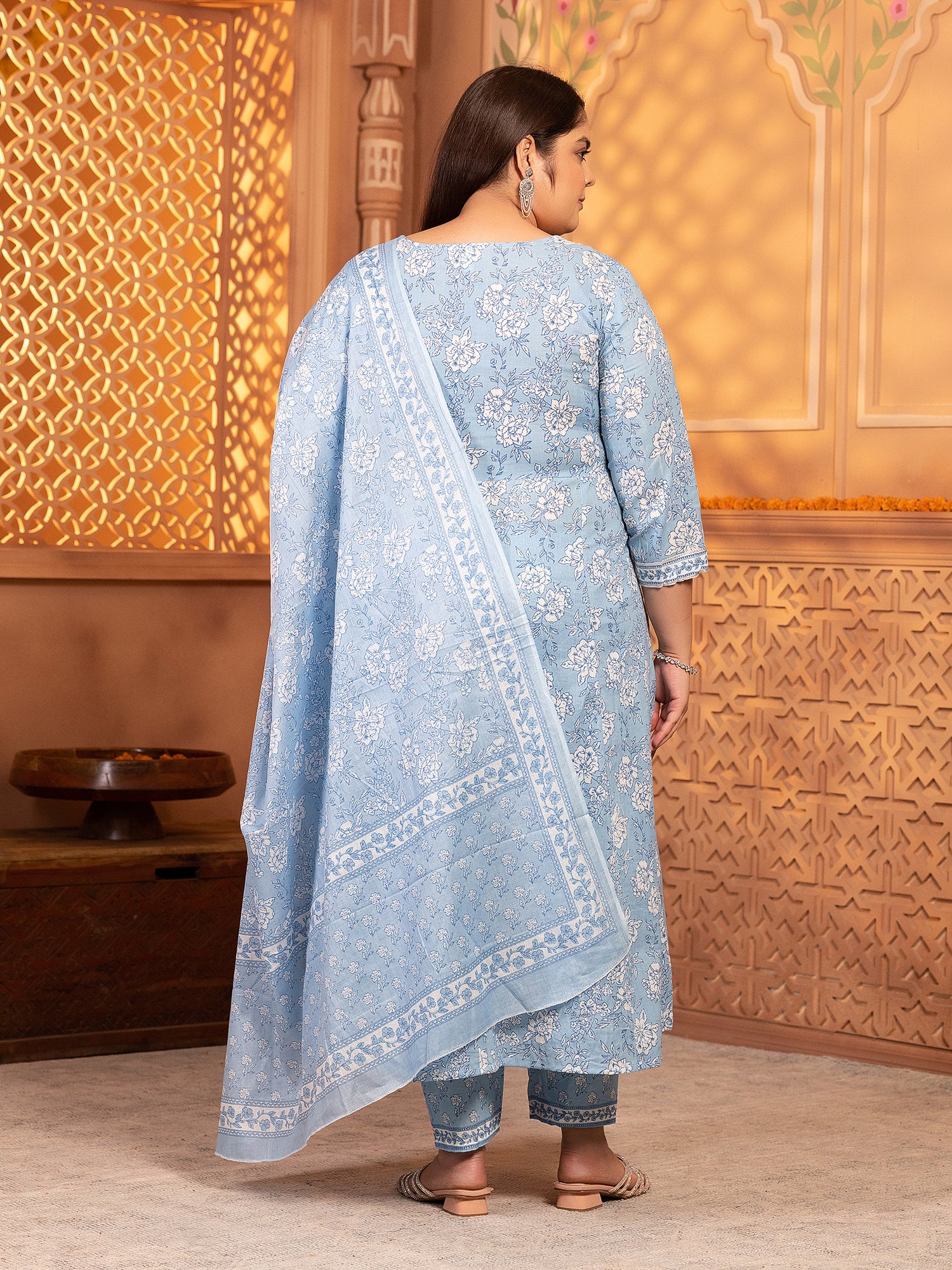 MEERA FAB Women's Pure Cotton Printed Anarkali Handwork Kurta with Palazzos & Dupatta