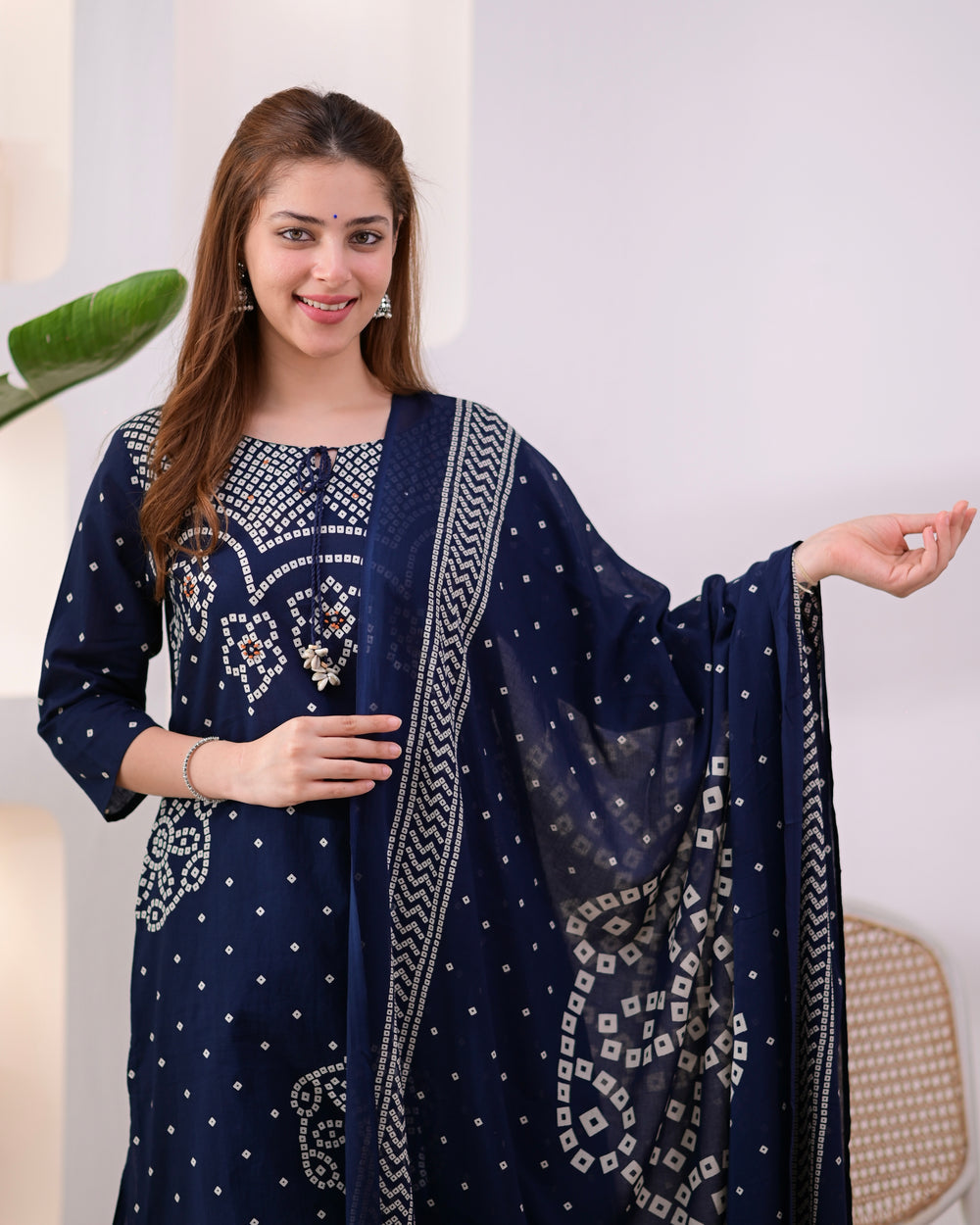 MEERA FAB Women's Pure Bandhej Cotton Straight Kurta Set with Palazzo Pants & Dupatta|Ethnic wear|Kurti Suit Set for Women