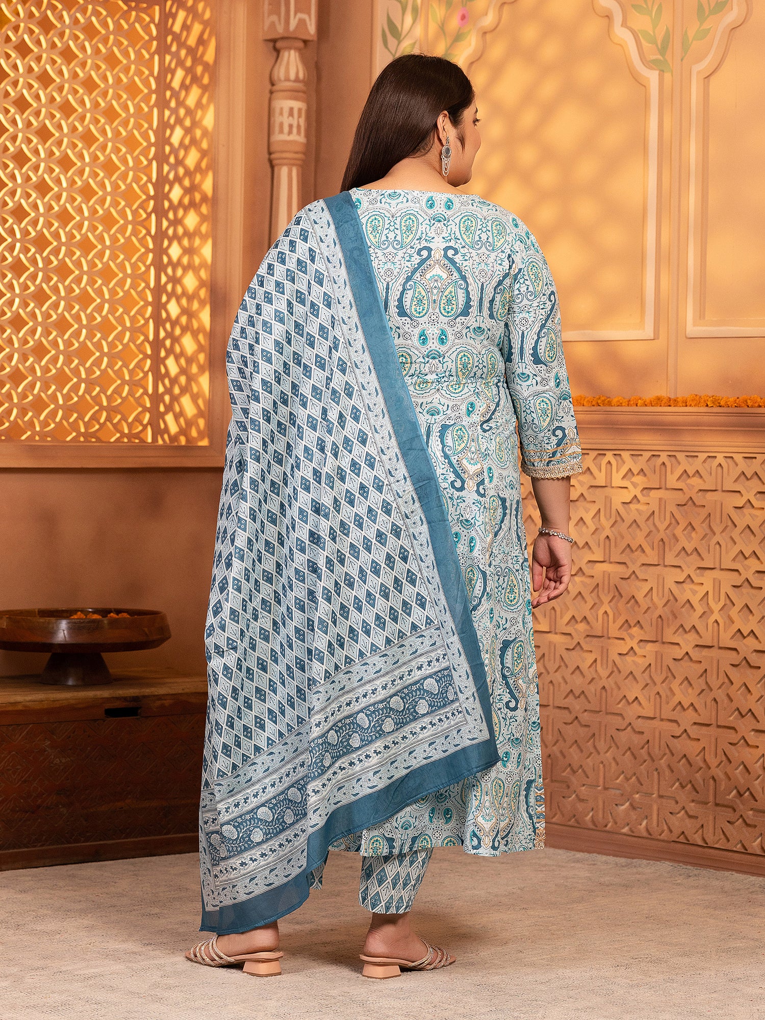 MEERA FAB Women's Pure Cotton Printed Anarkali Handwork Kurta with Palazzos & Dupatta