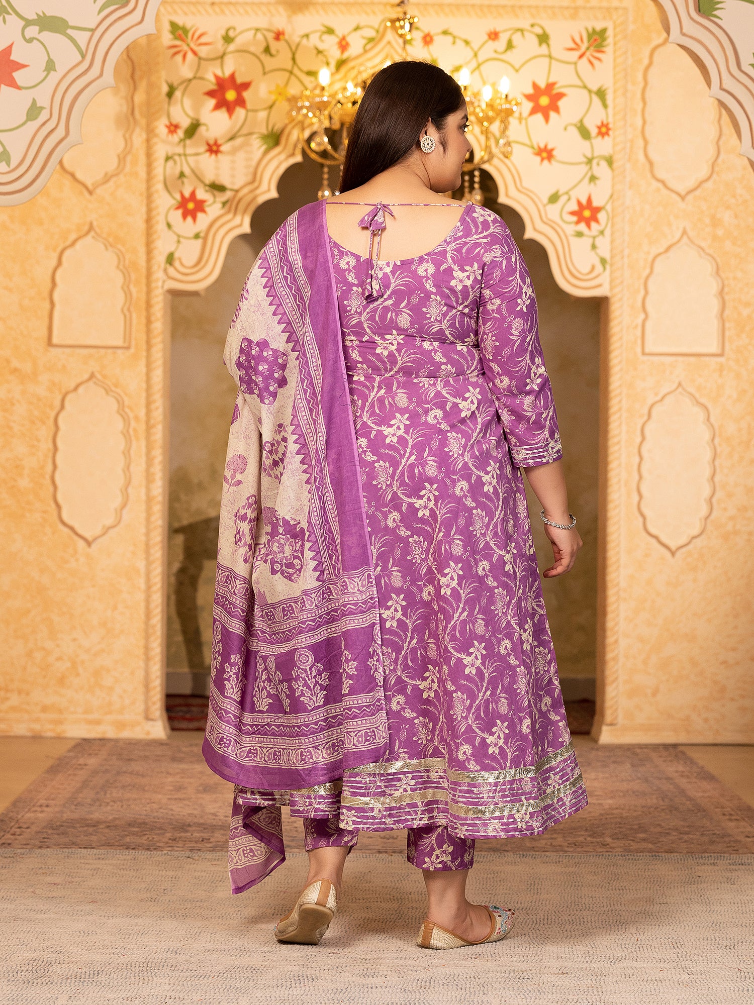 MEERA FAB Plus Size Women's Cotton Printed Anarkali Kurta with Palazzo & Dupatta Set with Dori