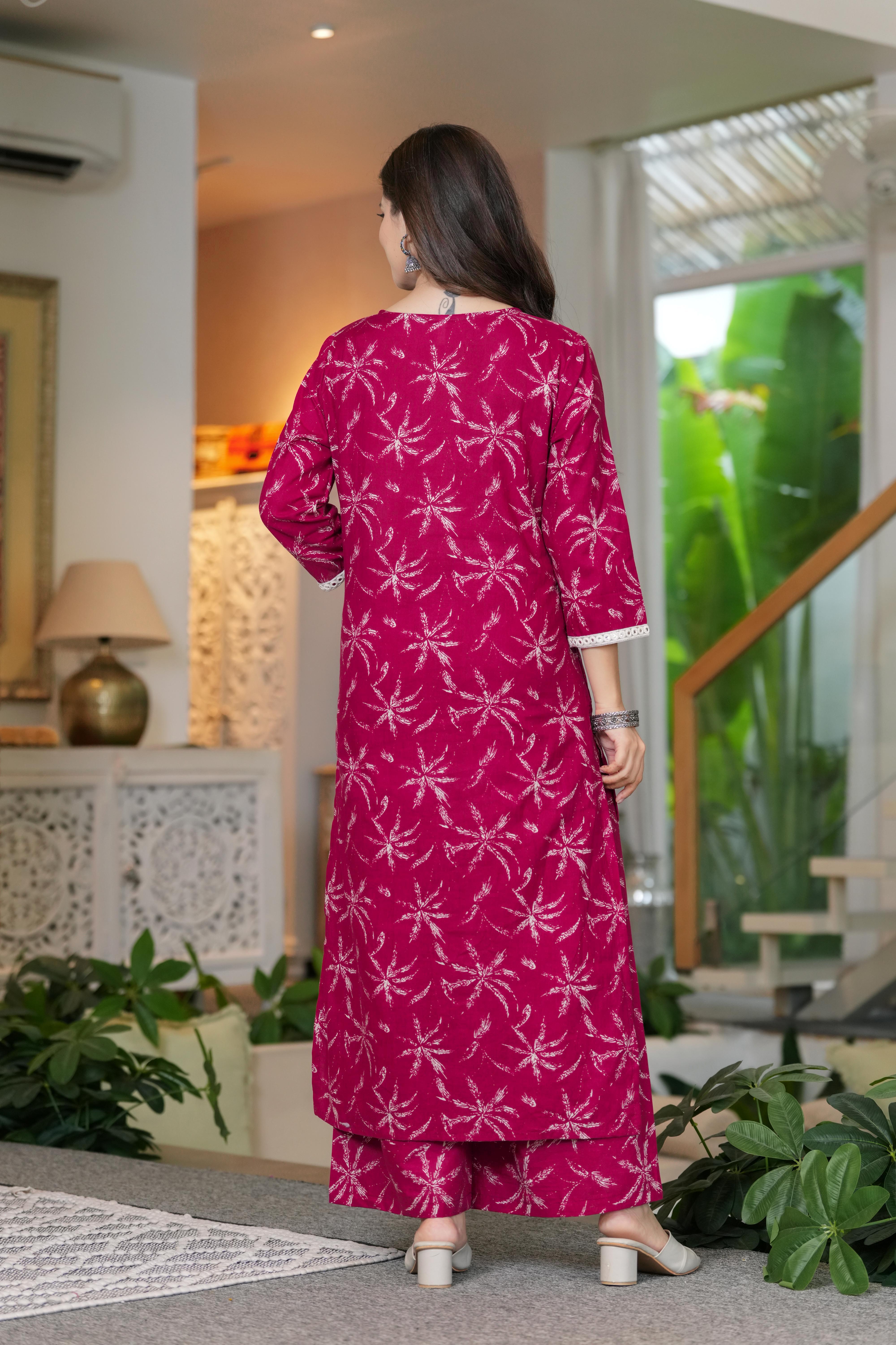 MEERA FAB Women Cotton Printed V-Neck Lace Kurta Palazzo Set