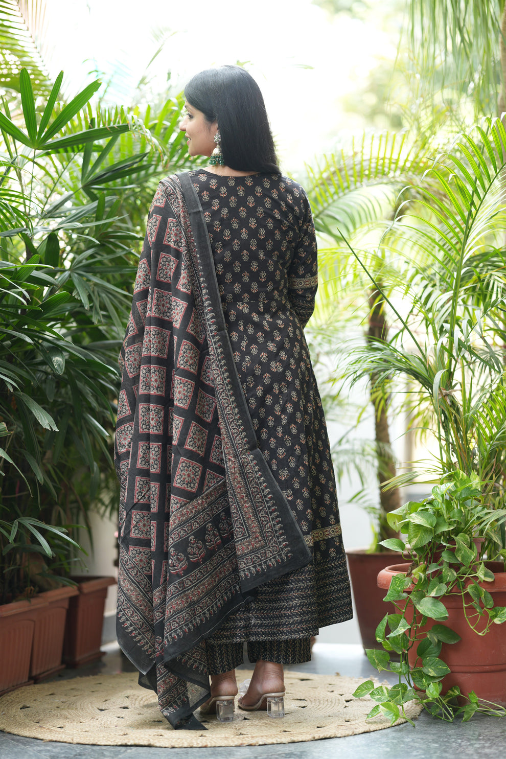MEERA FAB Women Black Printed Regular Pure Cotton Anarkali Kurta with Palazzos & with Dupatta