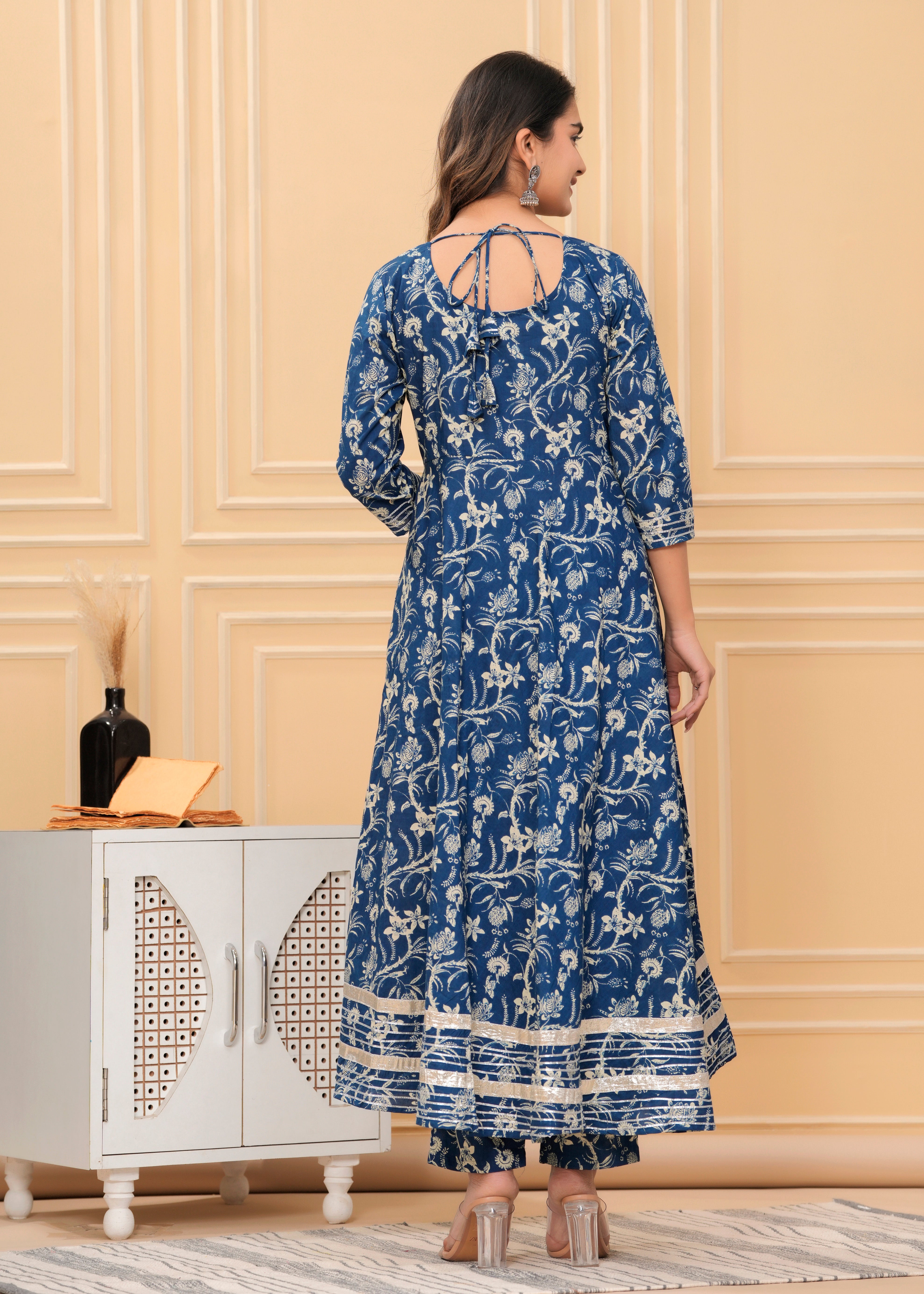 MEERA FAB Women's Cotton Printed Anarkali Kurta with Palazzo & Dupatta Set with Dori