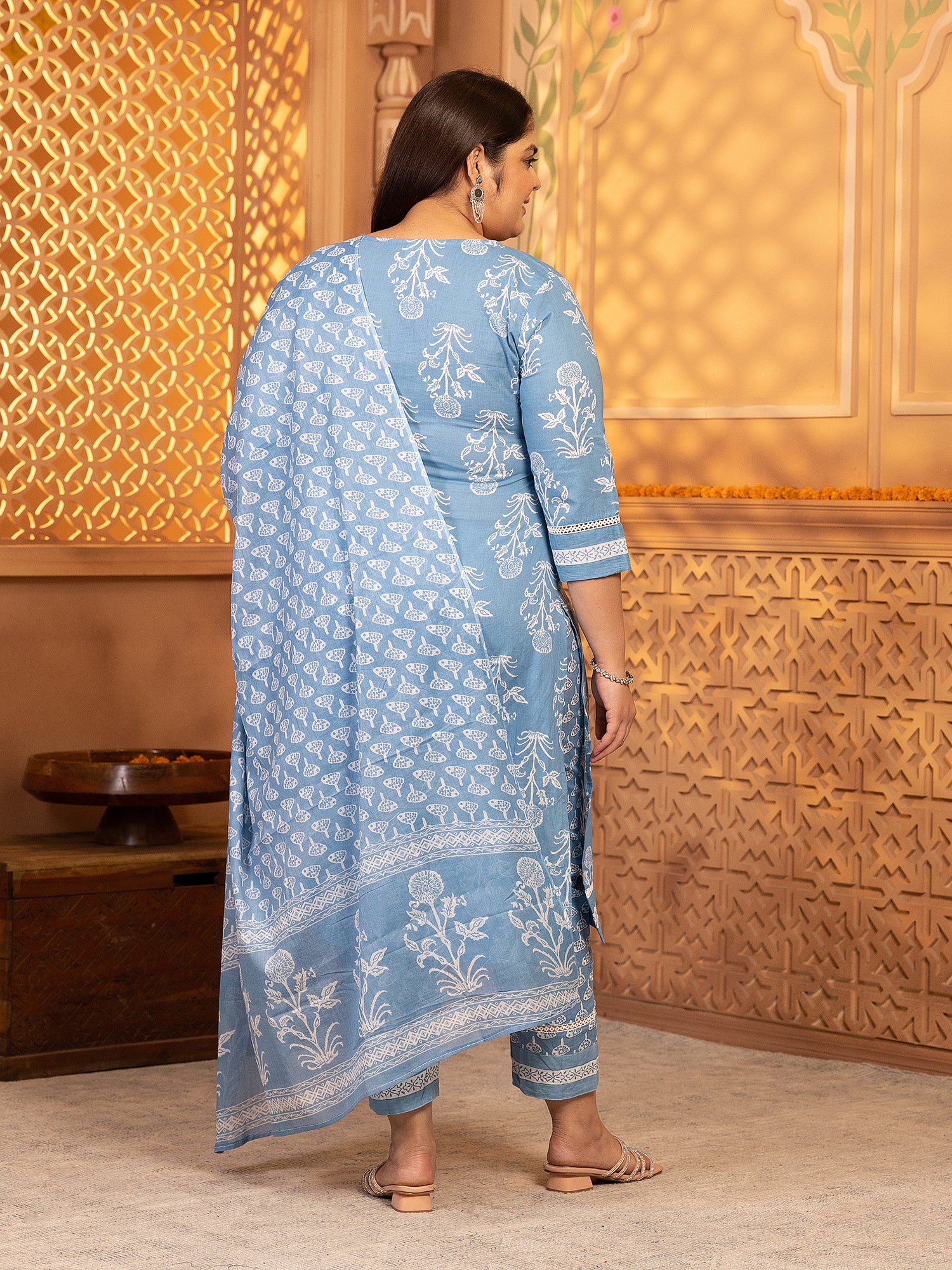 MEERA FAB Plus Size Women's Cotton Blend Straight Printed Kurta with Palazzo & Dupatta