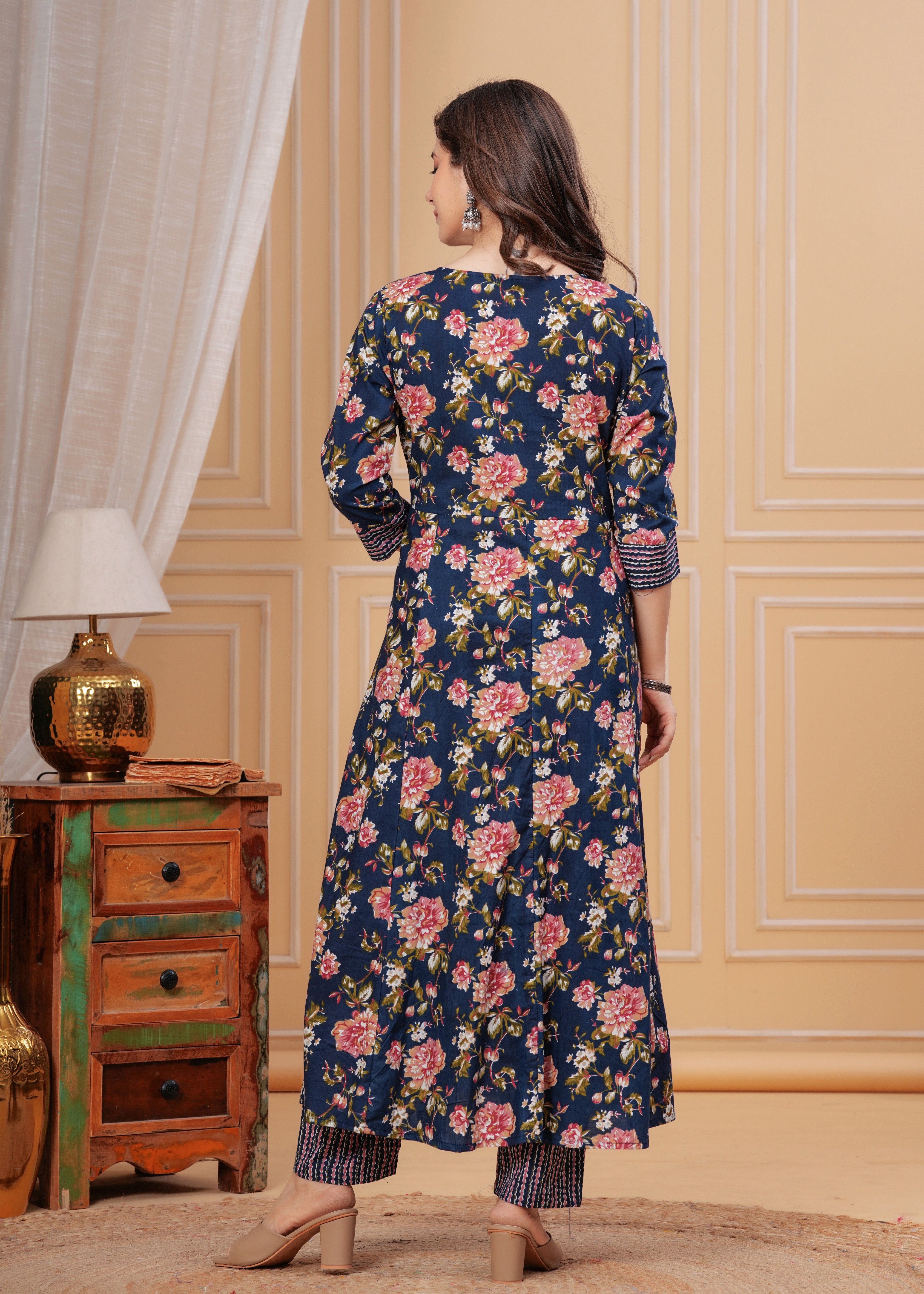 MEERA FAB Women's Pure Cotton V-Neck Anarkali Printed Kurta with Palazzo and Dupatta