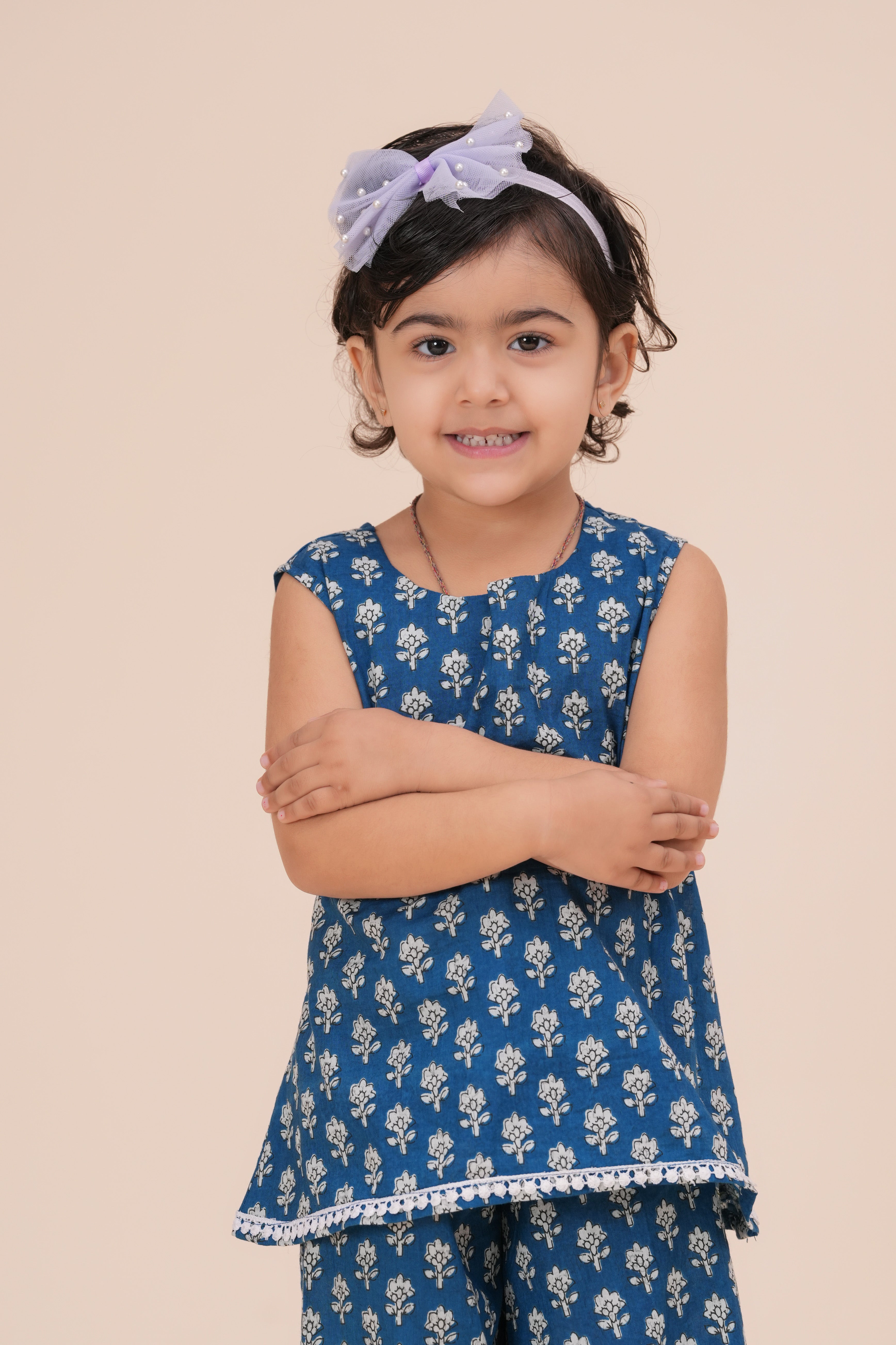 Girls Kids Pure Cotton Sleeveless Top with Palazzo Pant | Printed Co-Ord Set for Girls | Party, Festive,and Casual Wear (Blue)