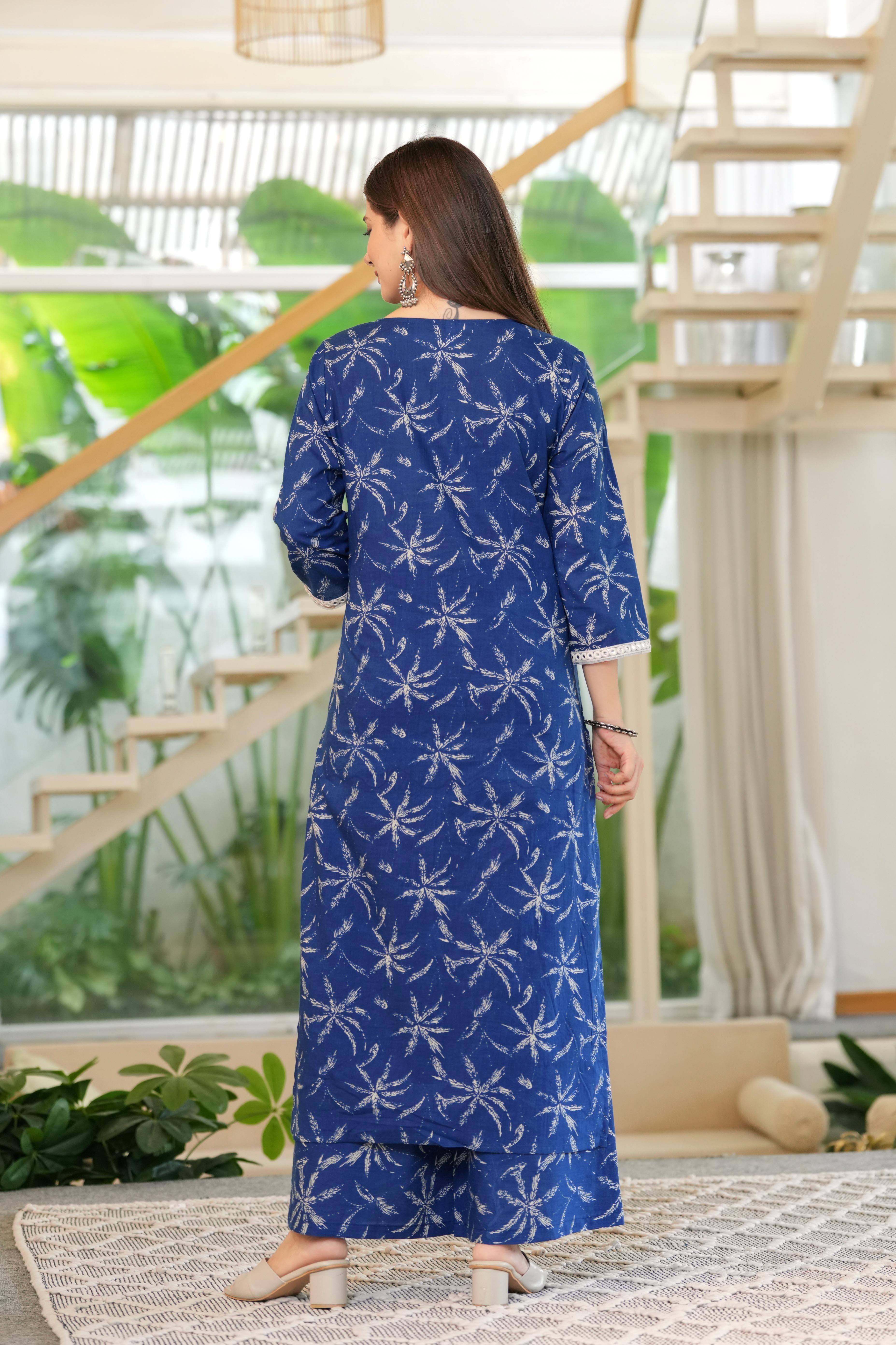 MEERA FAB Women Cotton Printed V-Neck Lace Kurta Palazzo Set