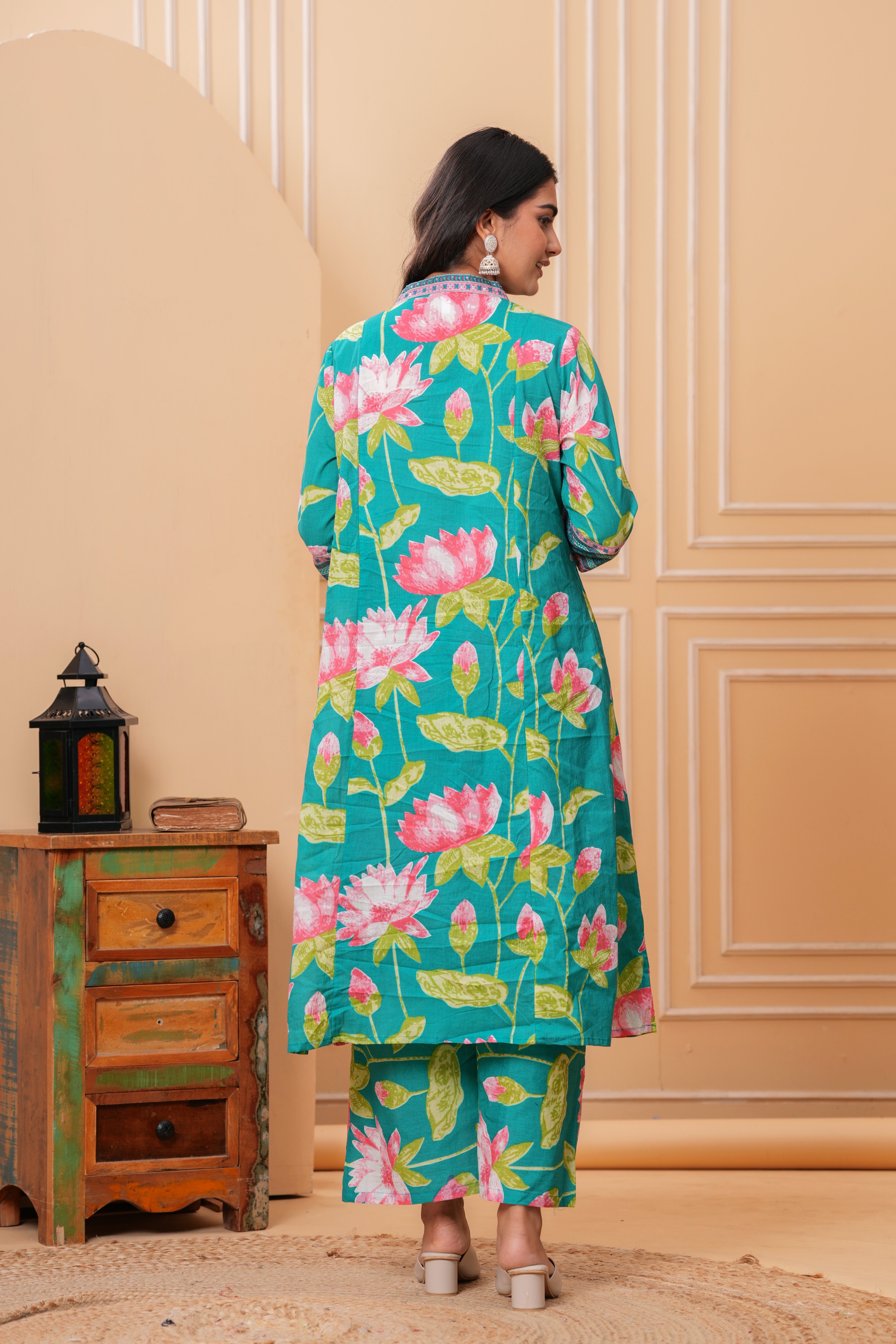 MEERA FAB Women's Pure Cotton Printed A-Line Kurta Set with Palazzo Pants & Dupatta
