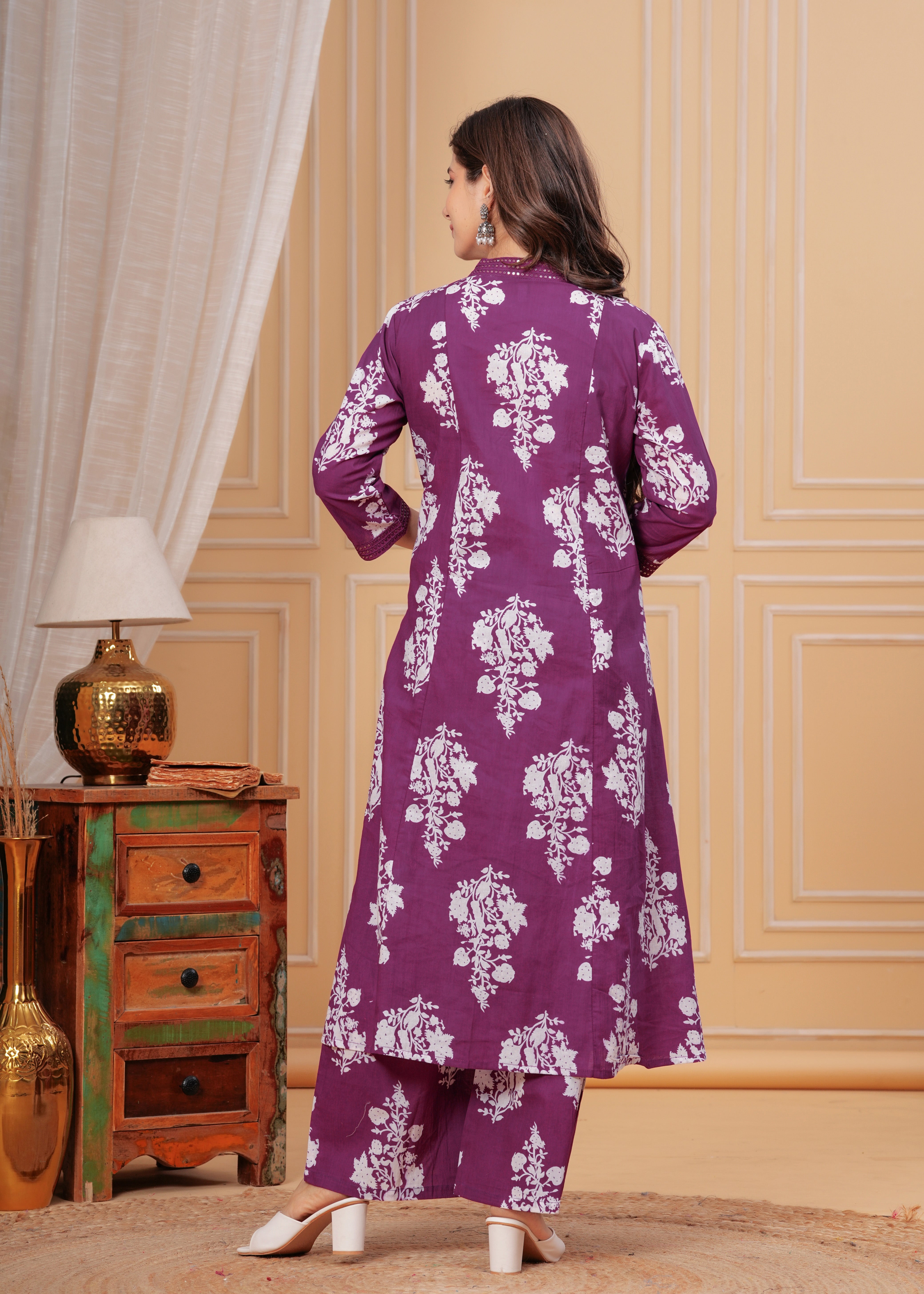 MEERA FAB Women's Cotton Blend V-Neck Anarkali Embrodriery Kurta with Palazzo & Dupatta