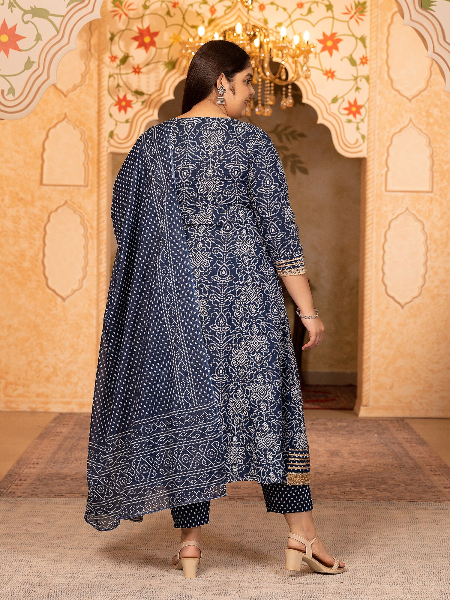 MEERA FAB Plus Size Printed Pure Cotton Anarkali Handwork Kurta with Palazzos & Dupatta