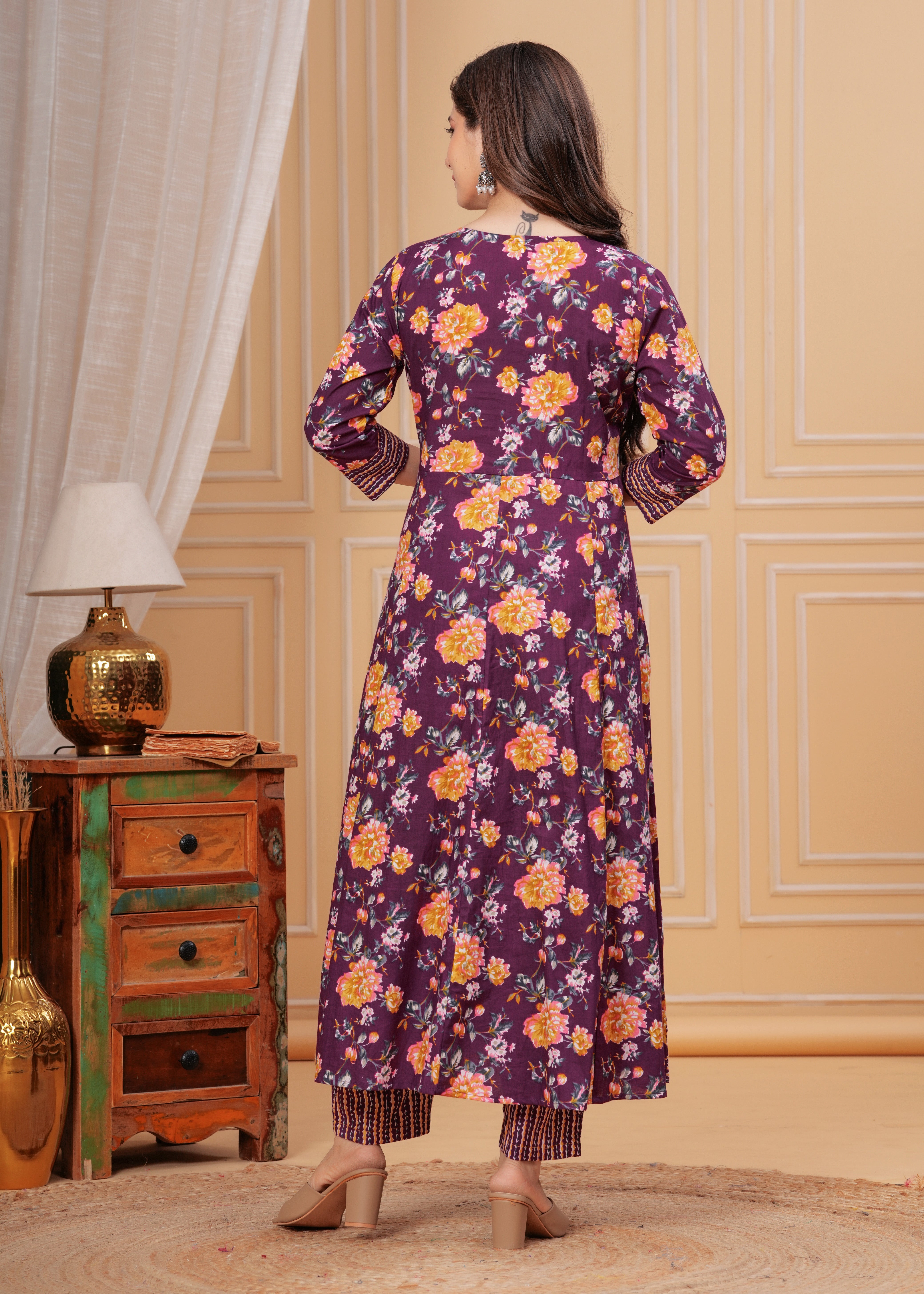 MEERA FAB Women's Pure Cotton V-Neck Anarkali Printed Kurta with Palazzo and Dupatta